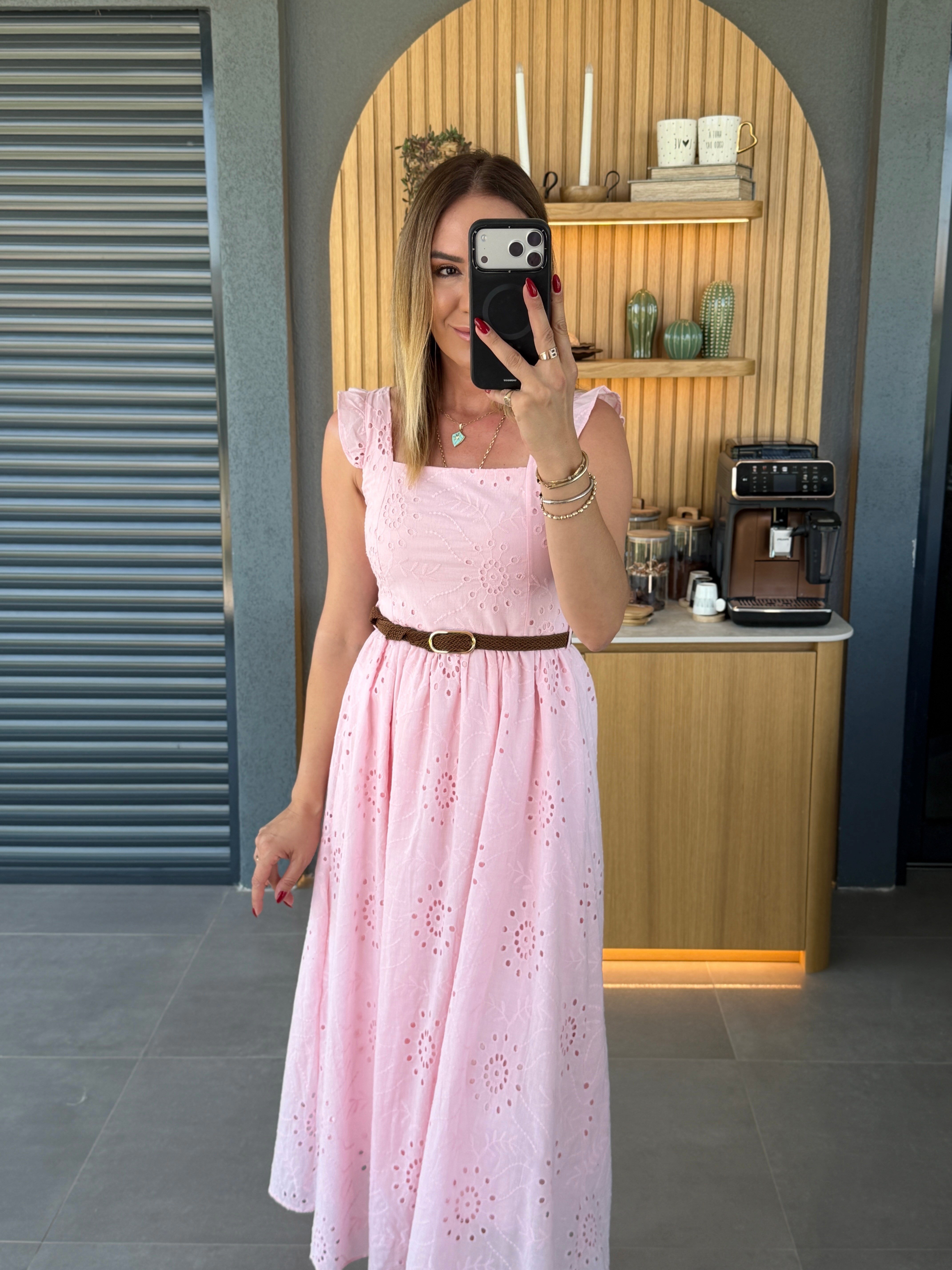 Örgü Kemerli Fisto Elbise PEMBE