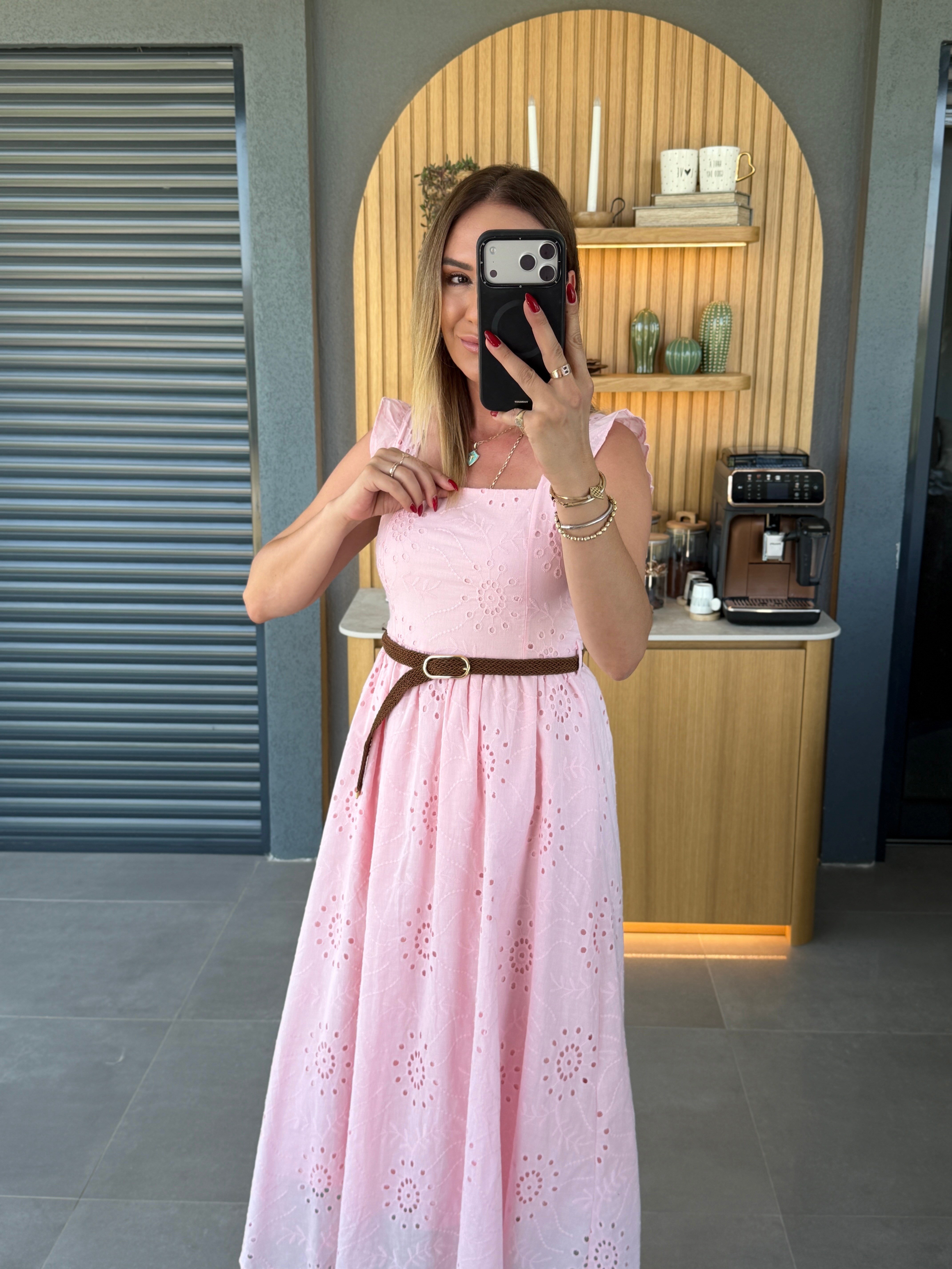 Örgü Kemerli Fisto Elbise PEMBE