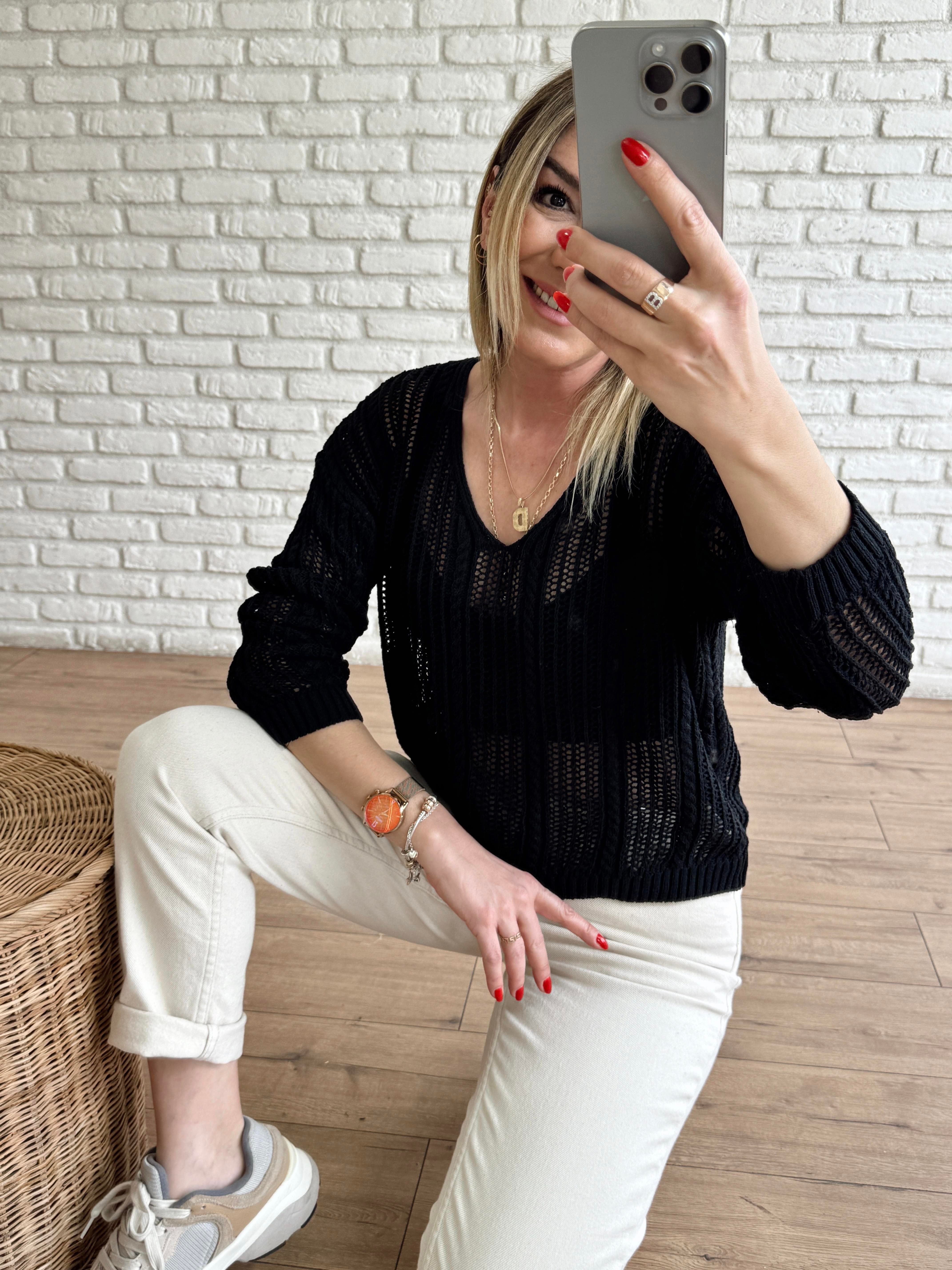 Örgü Model V Yaka Triko SİYAH