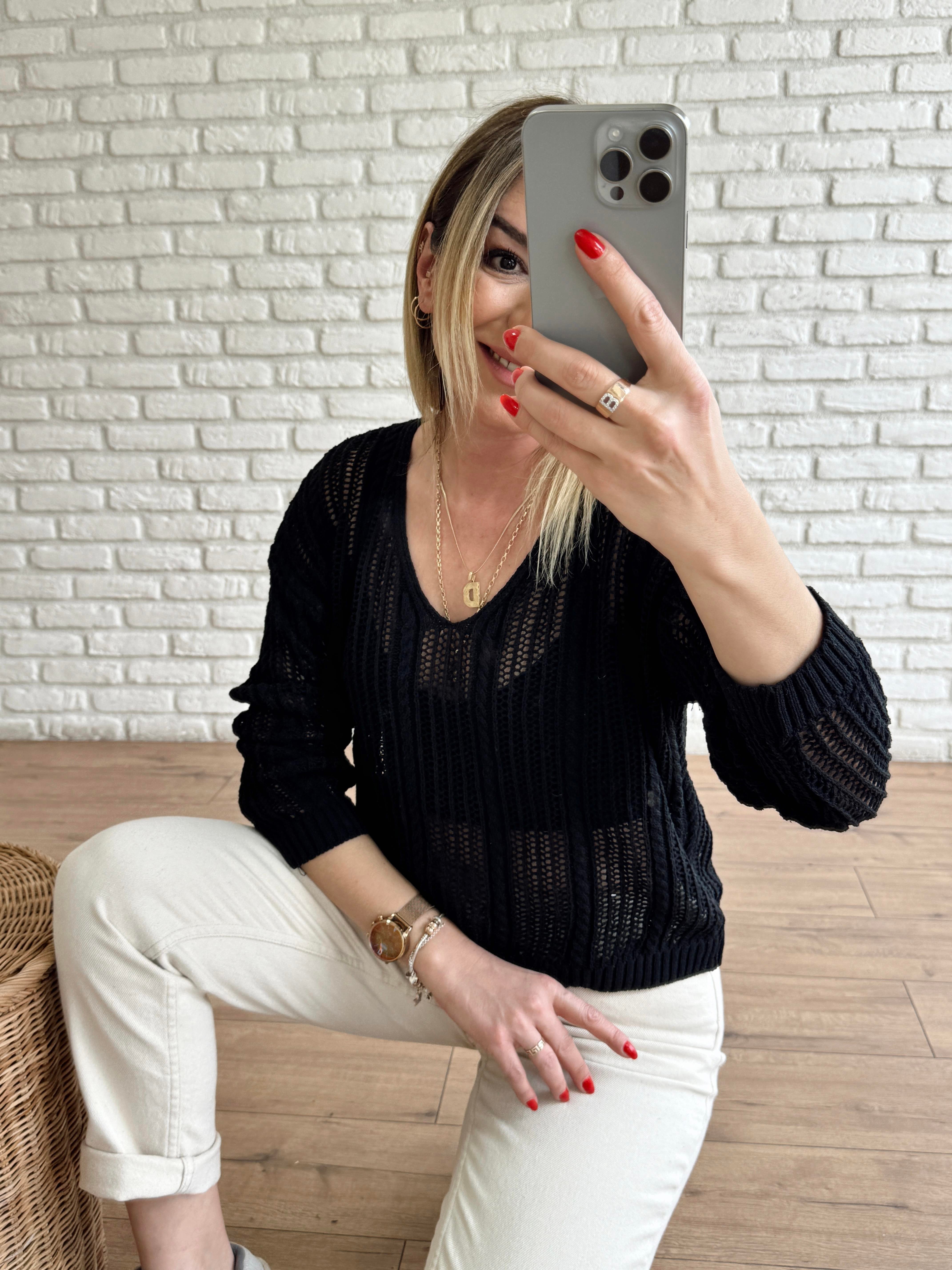 Örgü Model V Yaka Triko SİYAH