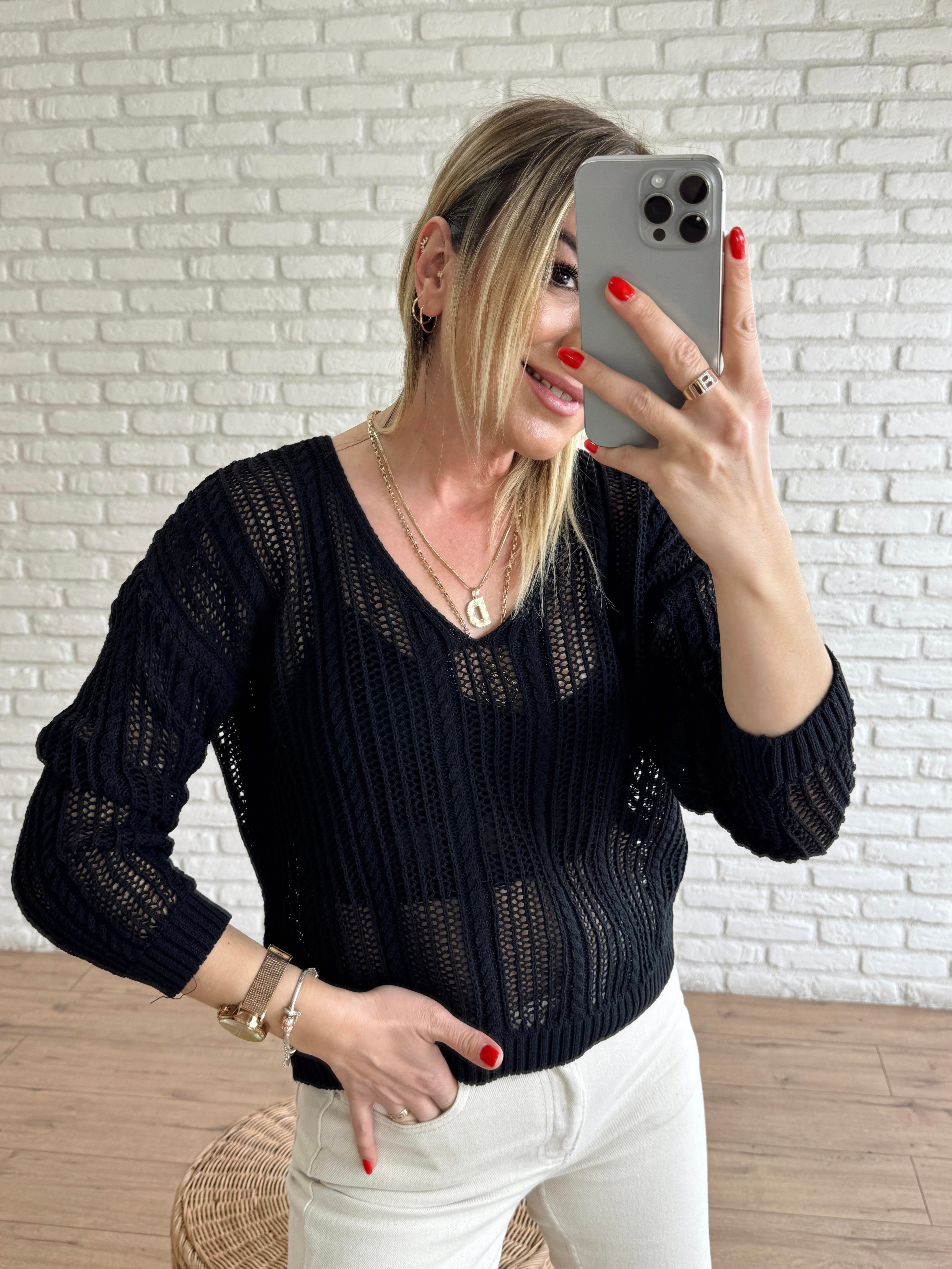 Örgü Model V Yaka Triko SİYAH