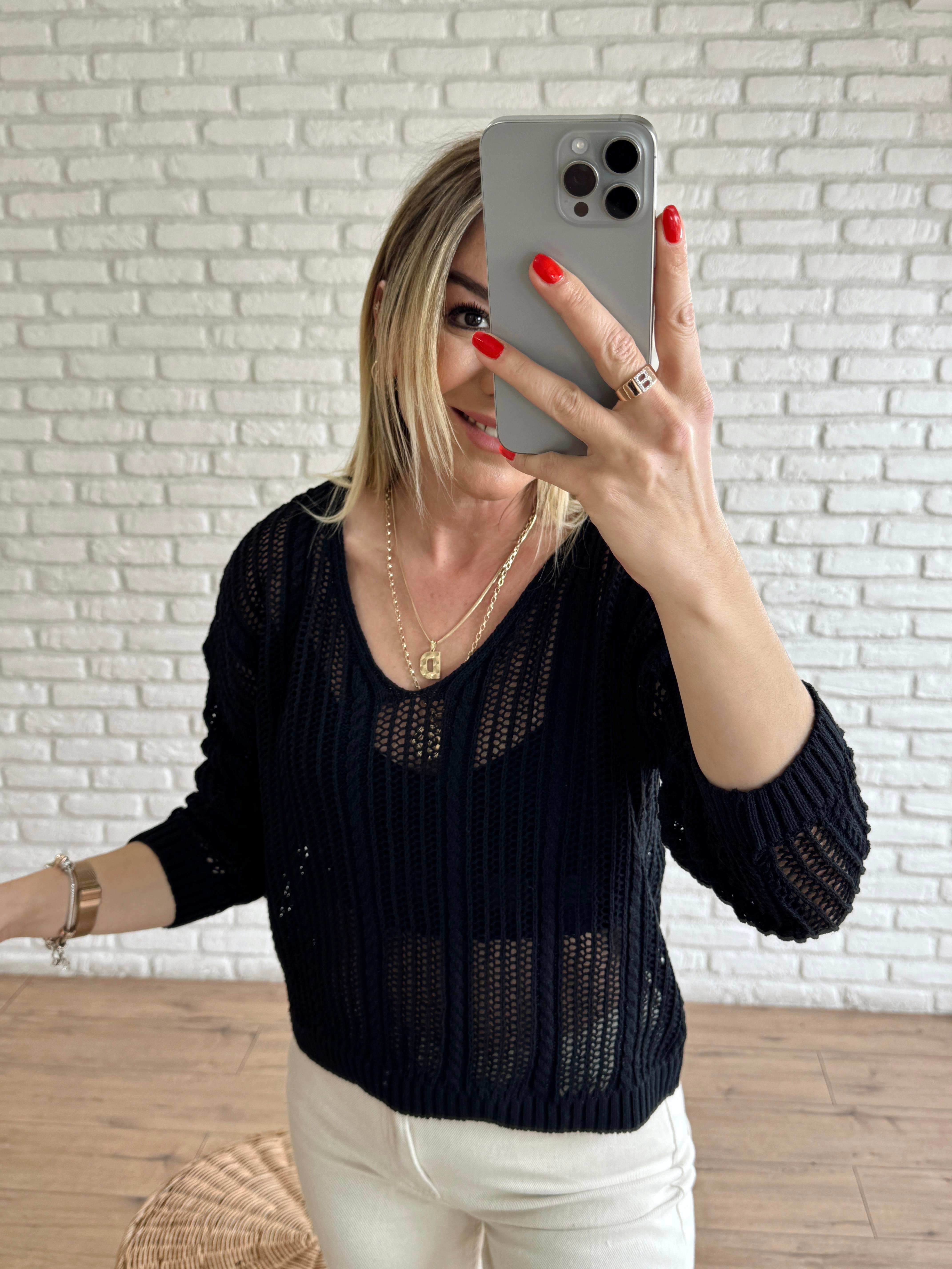 Örgü Model V Yaka Triko SİYAH