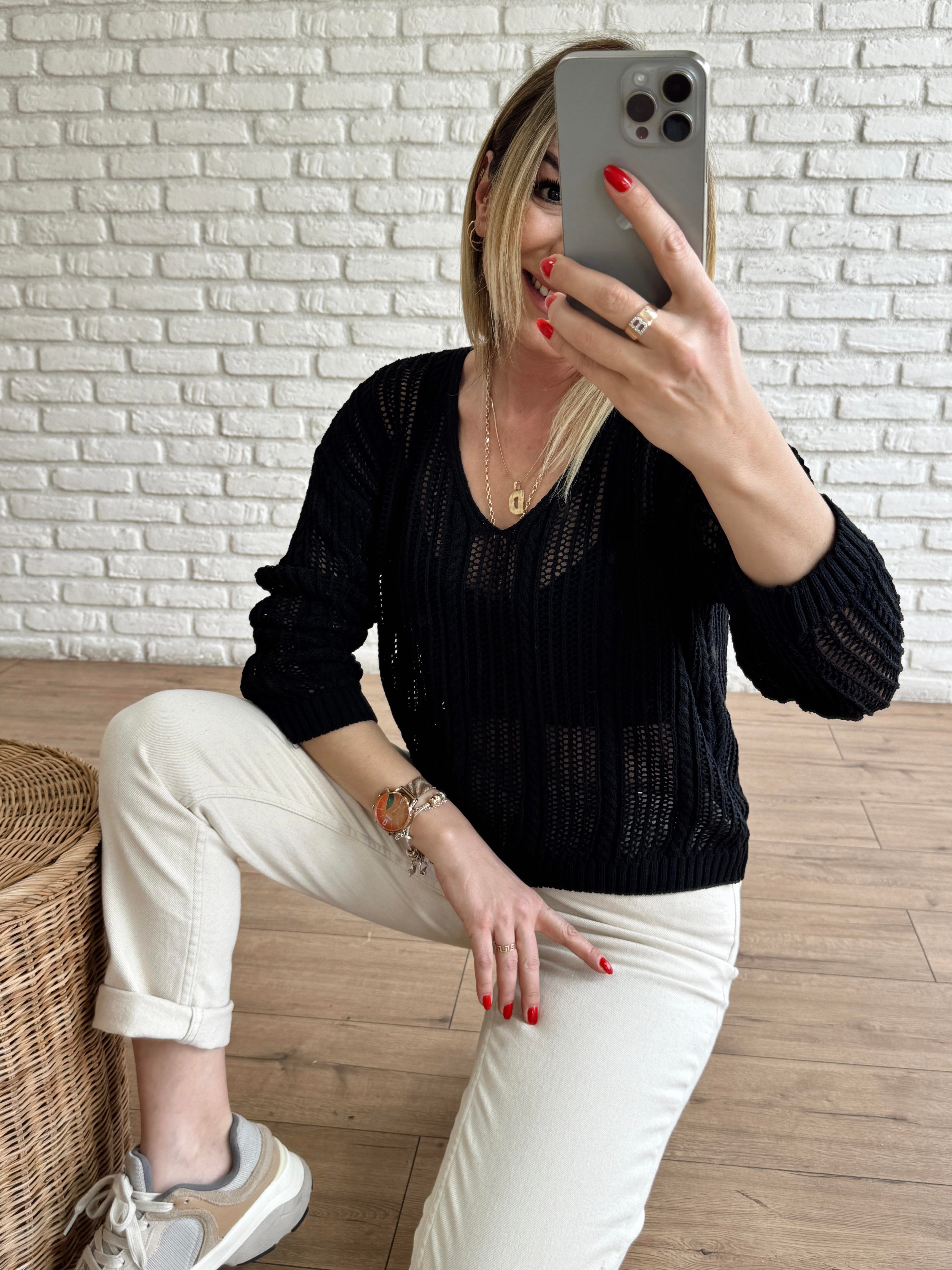 Örgü Model V Yaka Triko SİYAH