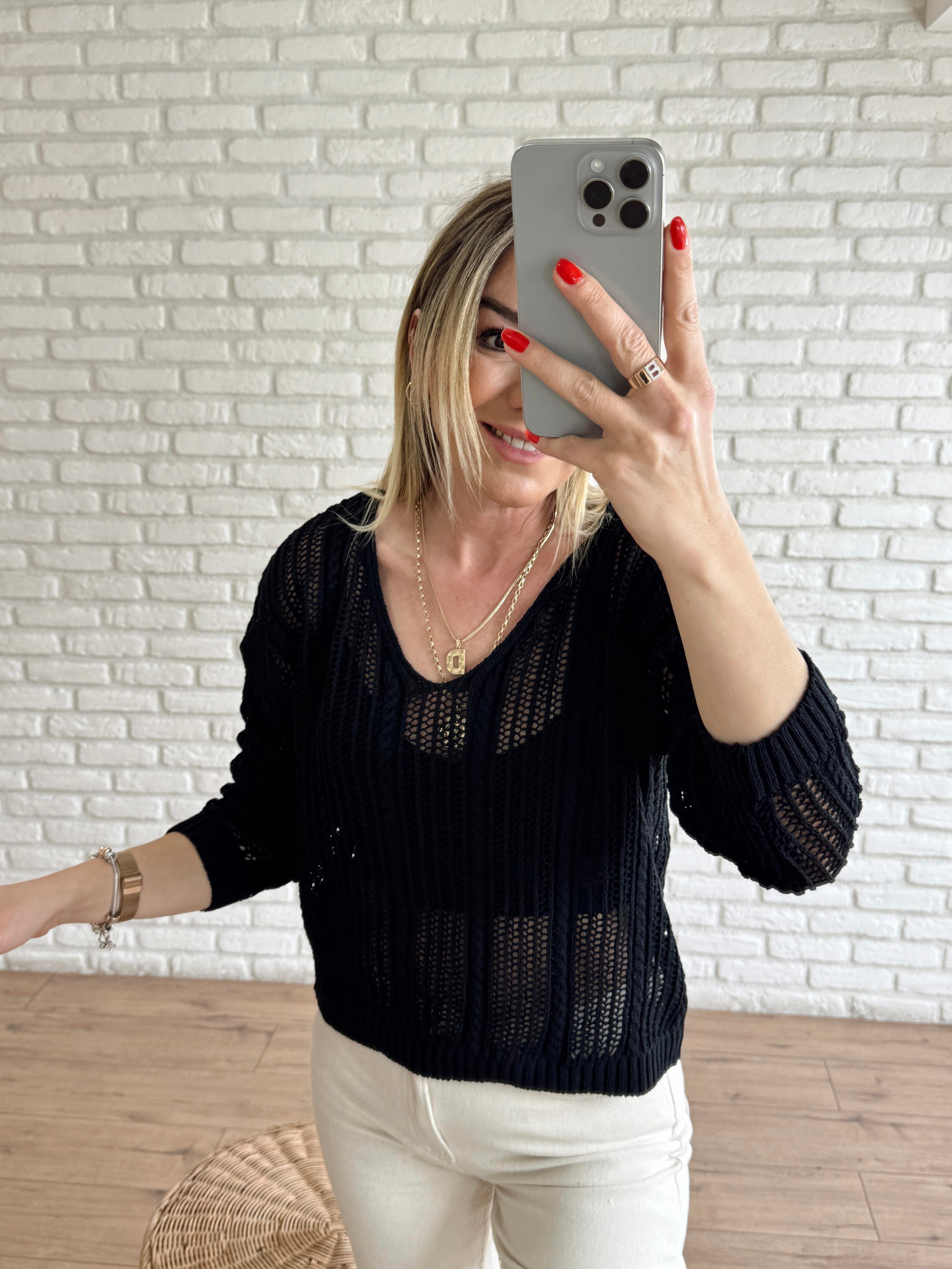 Örgü Model V Yaka Triko SİYAH