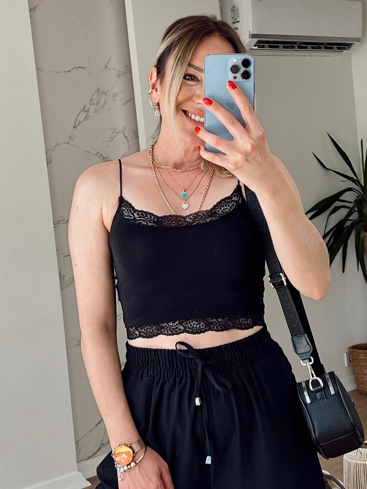 Orj Marka Dantelli Crop SİYAH
