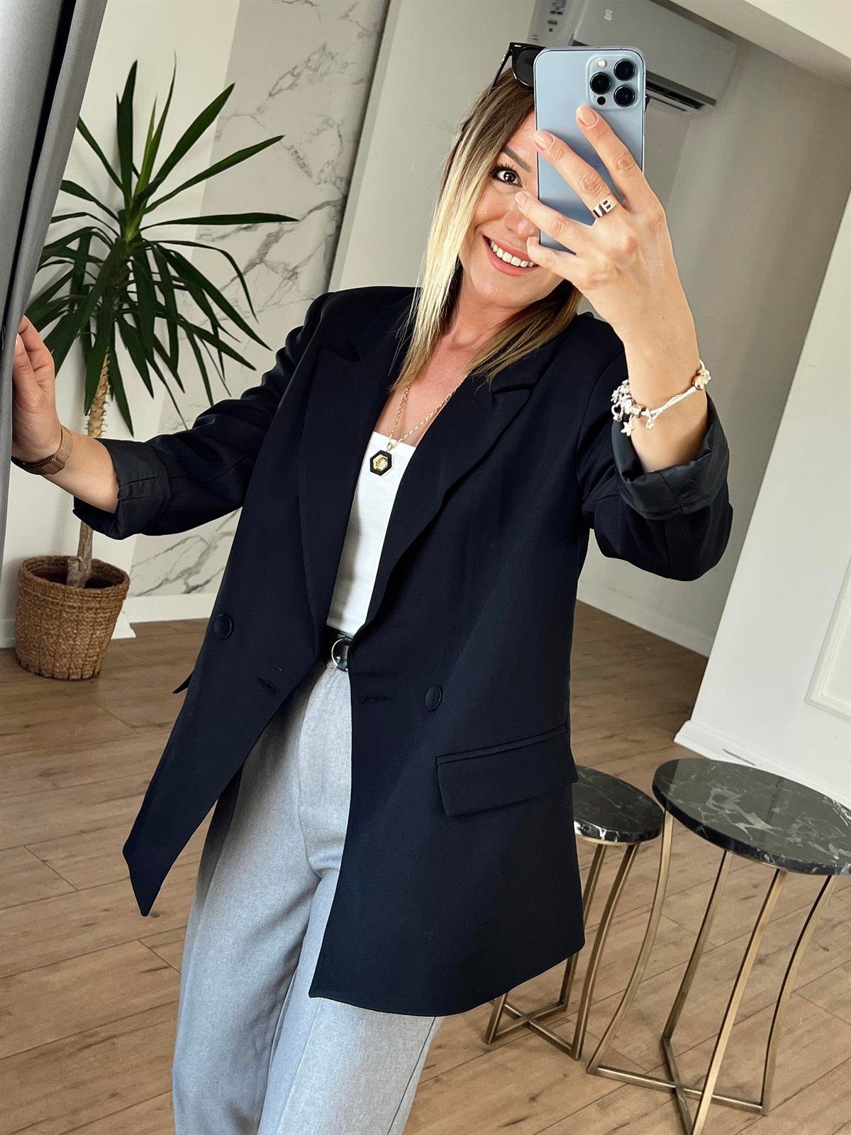 Orj Marka Düğmeli Cep Detaylı Blazer Ceket SİYAH