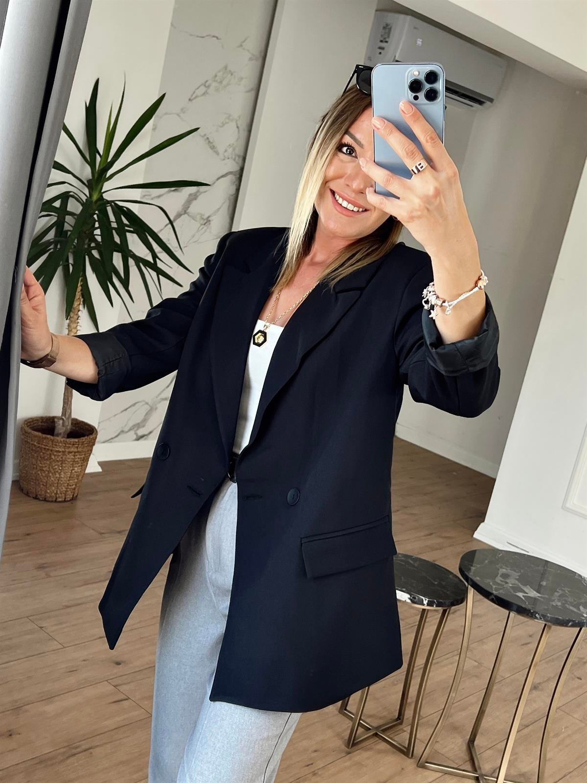 Orj Marka Düğmeli Cep Detaylı Blazer Ceket SİYAH