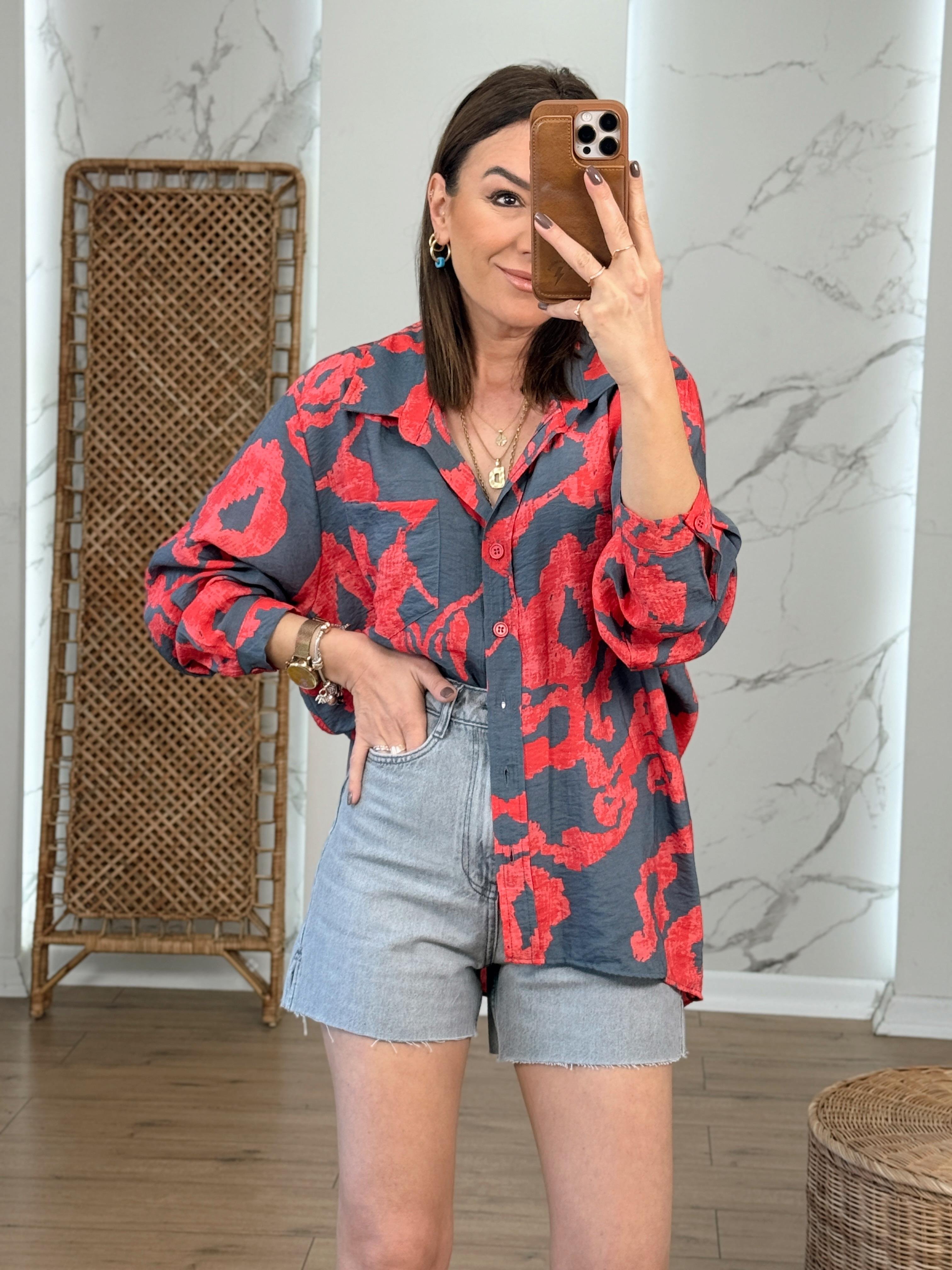 Oversize Desenli Salaş Gömlek FÜME