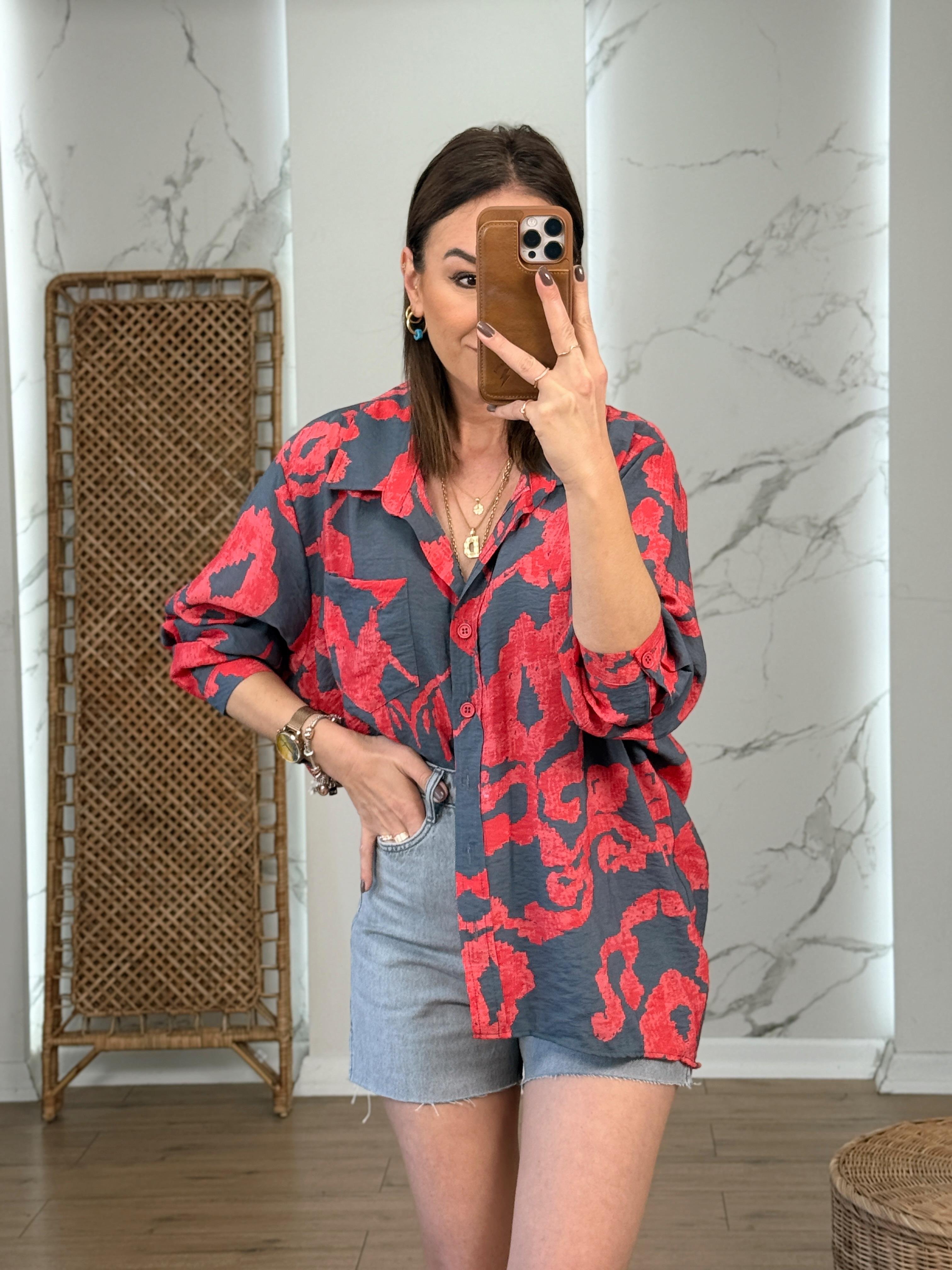 Oversize Desenli Salaş Gömlek FÜME