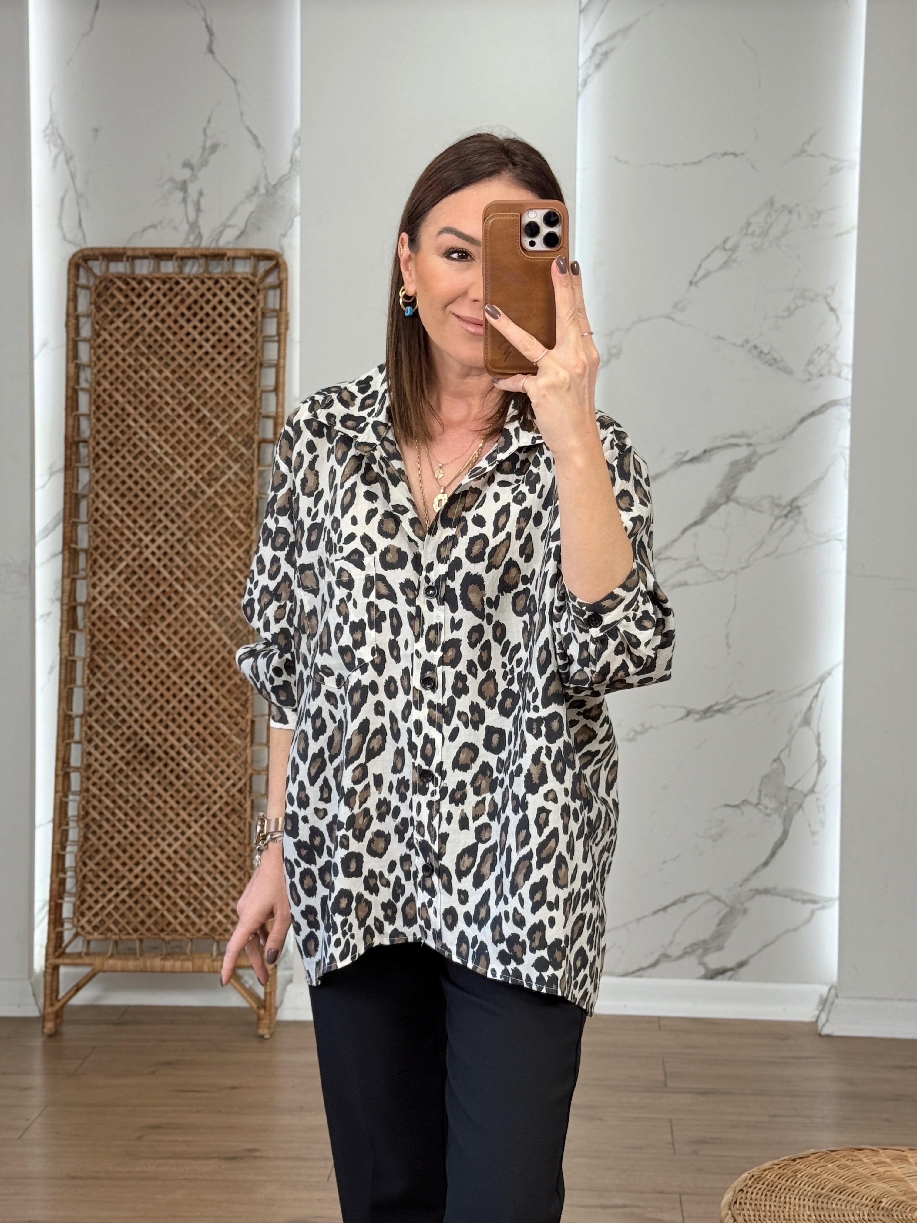 Oversize Leopar Desen Salaş Gömlek BEJ