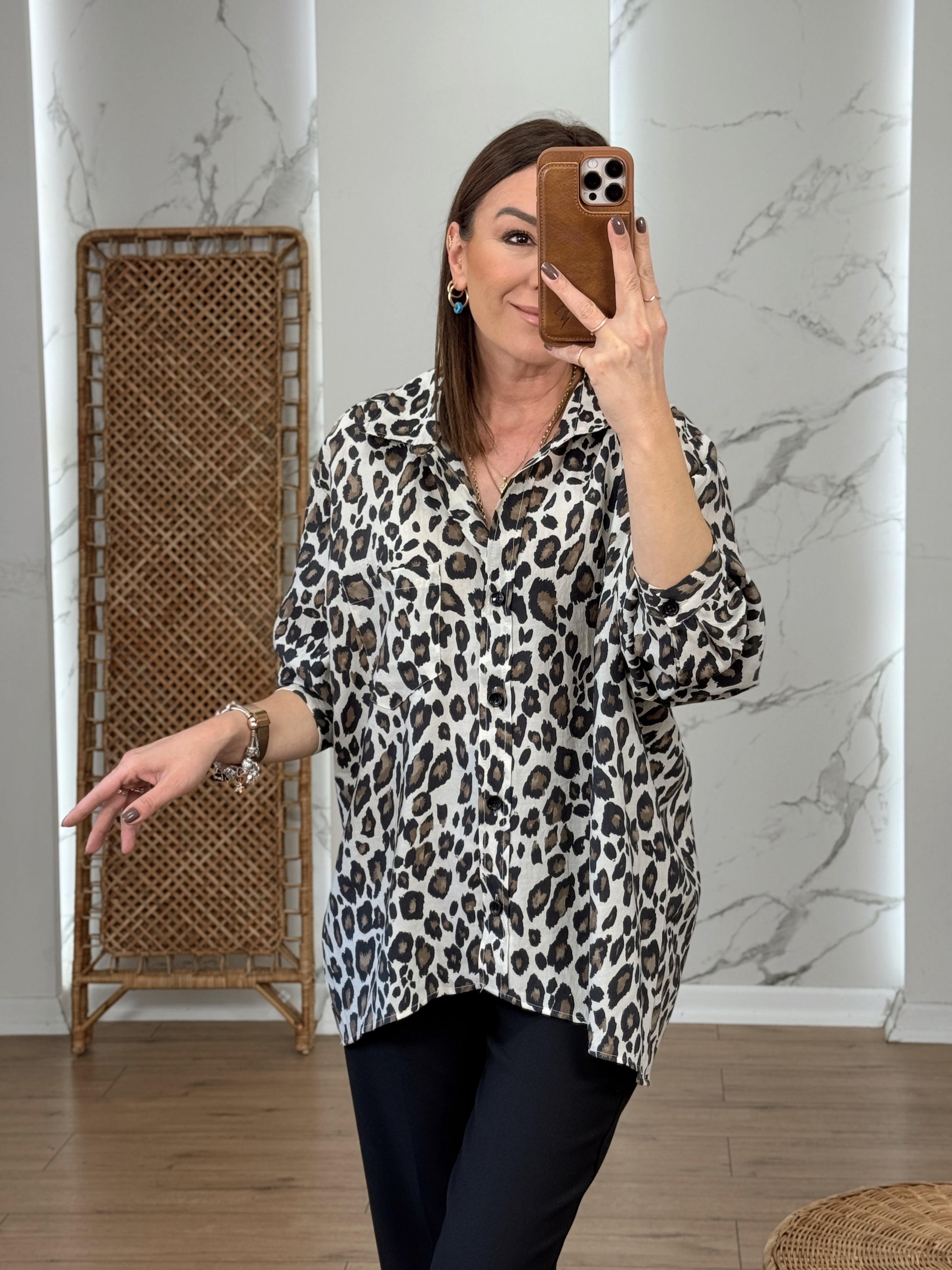 Oversize Leopar Desen Salaş Gömlek BEJ