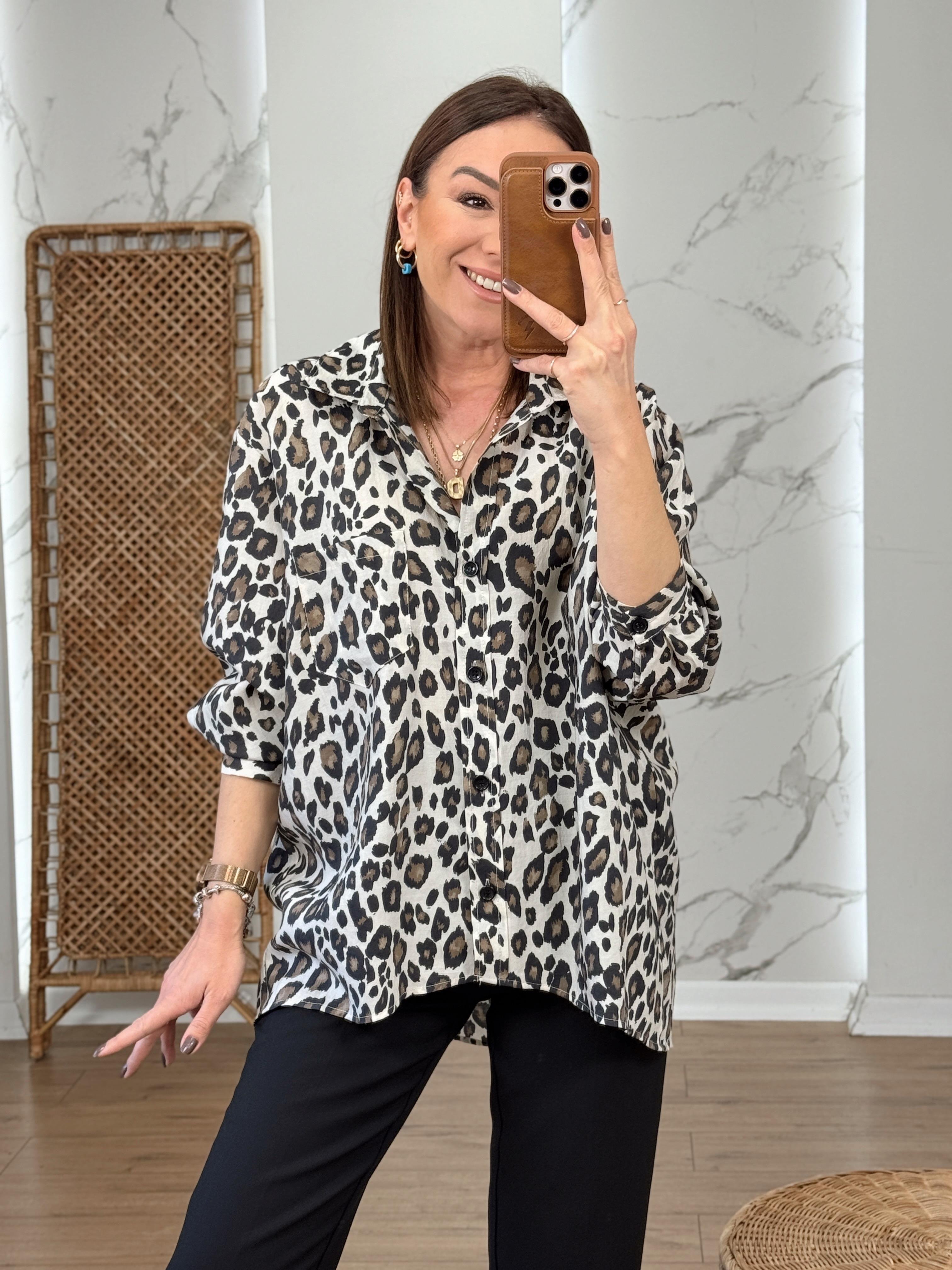 Oversize Leopar Desen Salaş Gömlek BEJ
