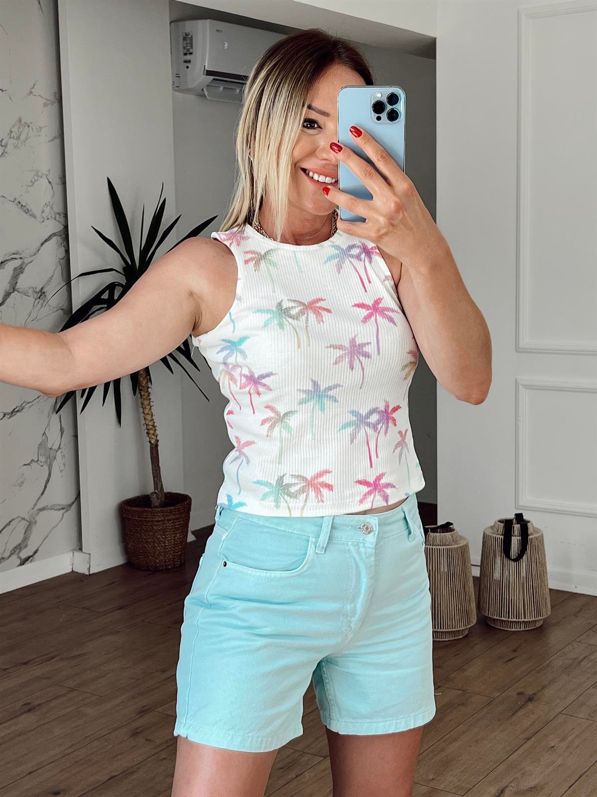 Palmiye Desenli Crop EKRU