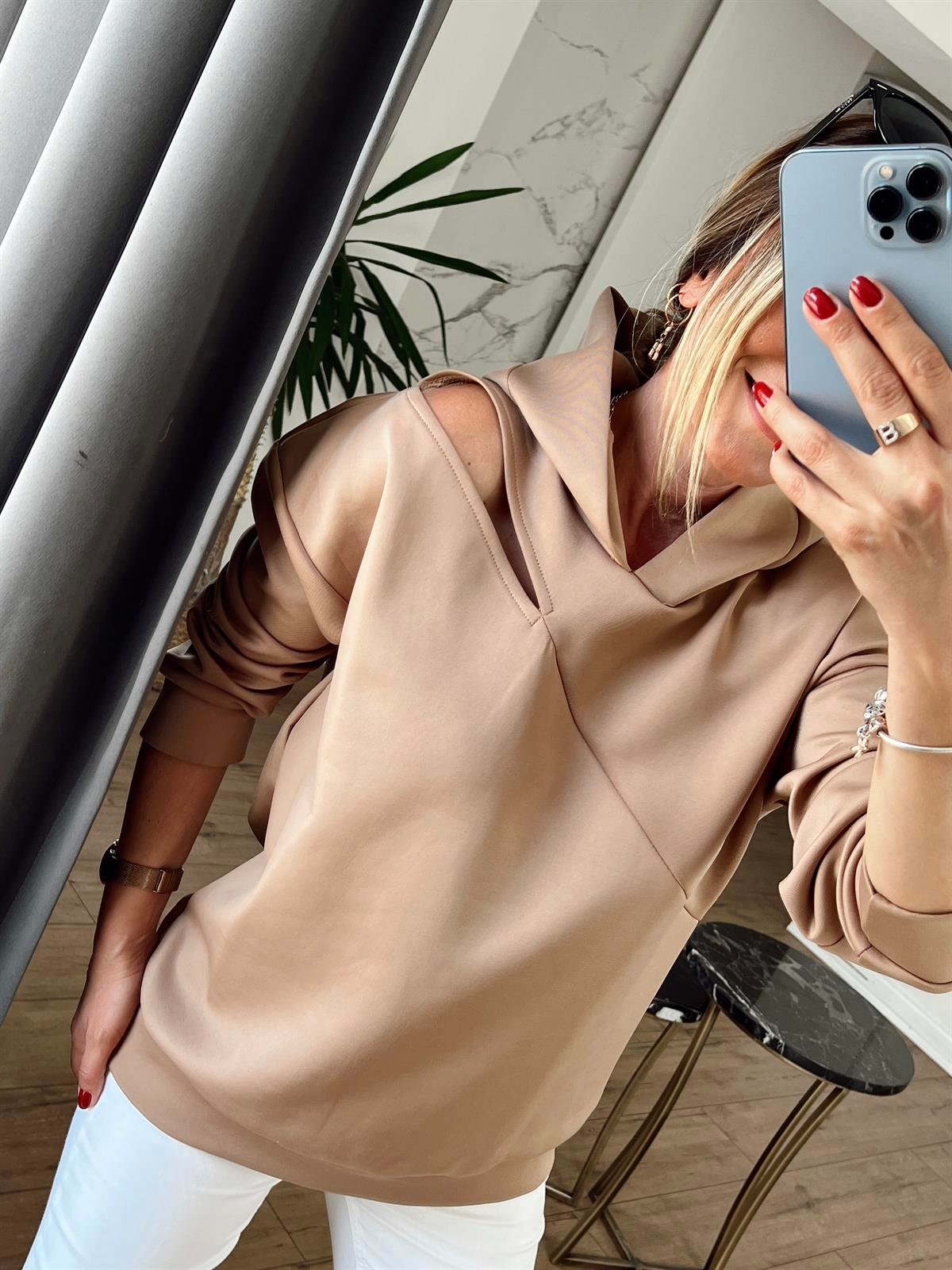PENCERE DETAYLI SCUBA KUMAŞ SWEAT CAMEL