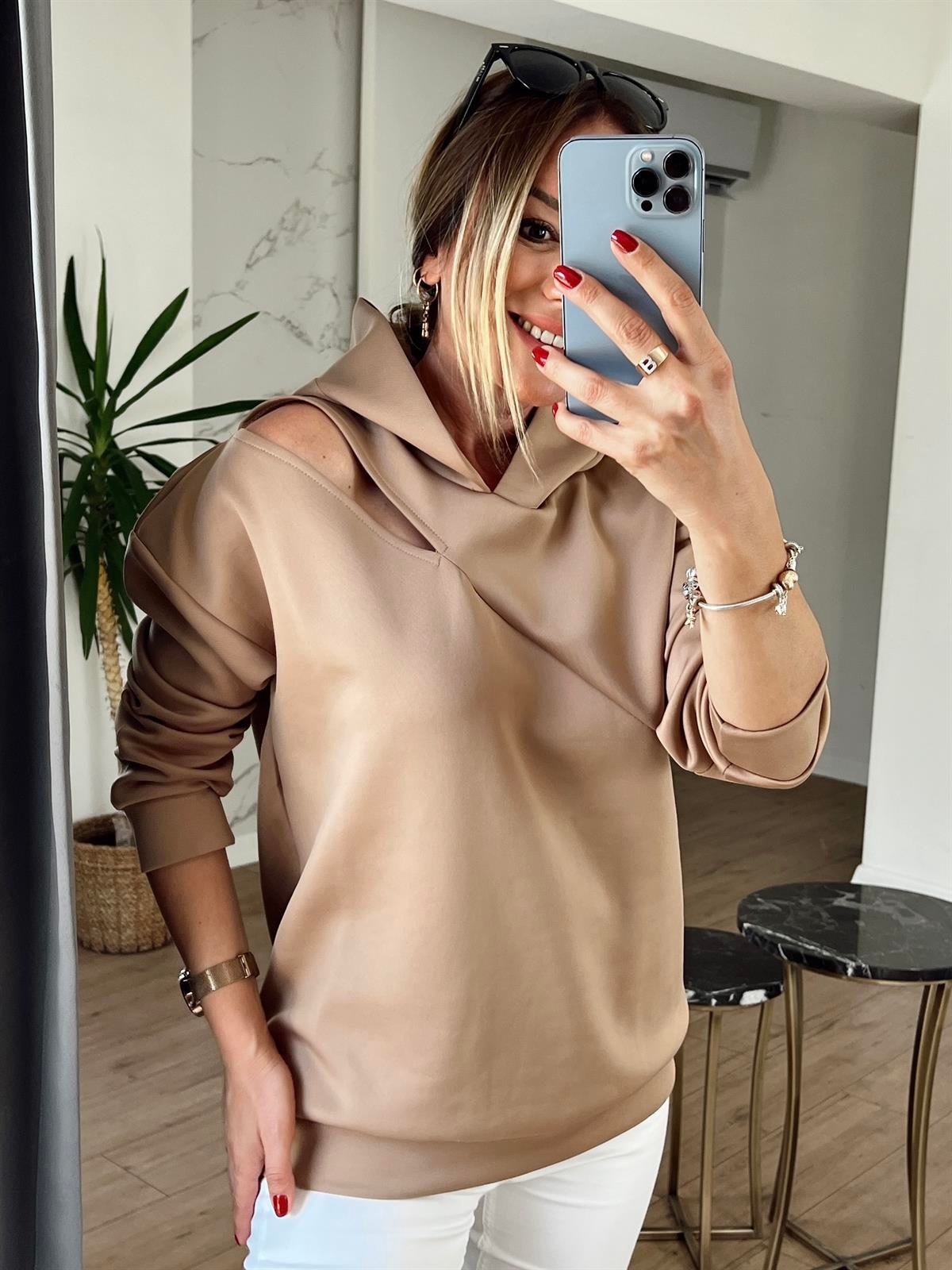 PENCERE DETAYLI SCUBA KUMAŞ SWEAT CAMEL