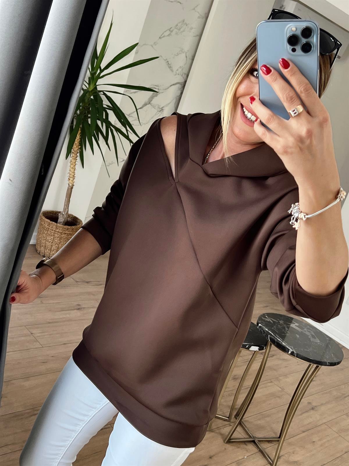 PENCERE DETAYLI SCUBA KUMAŞ SWEAT KAHVE