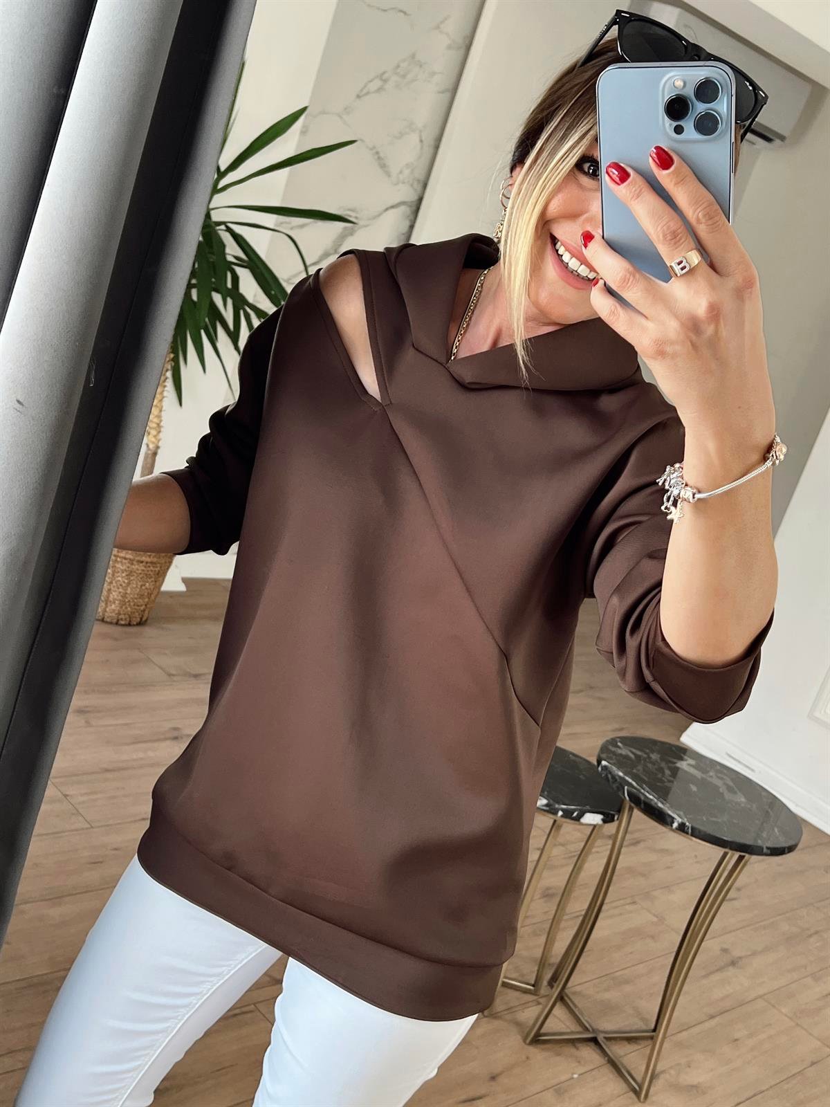 PENCERE DETAYLI SCUBA KUMAŞ SWEAT KAHVE