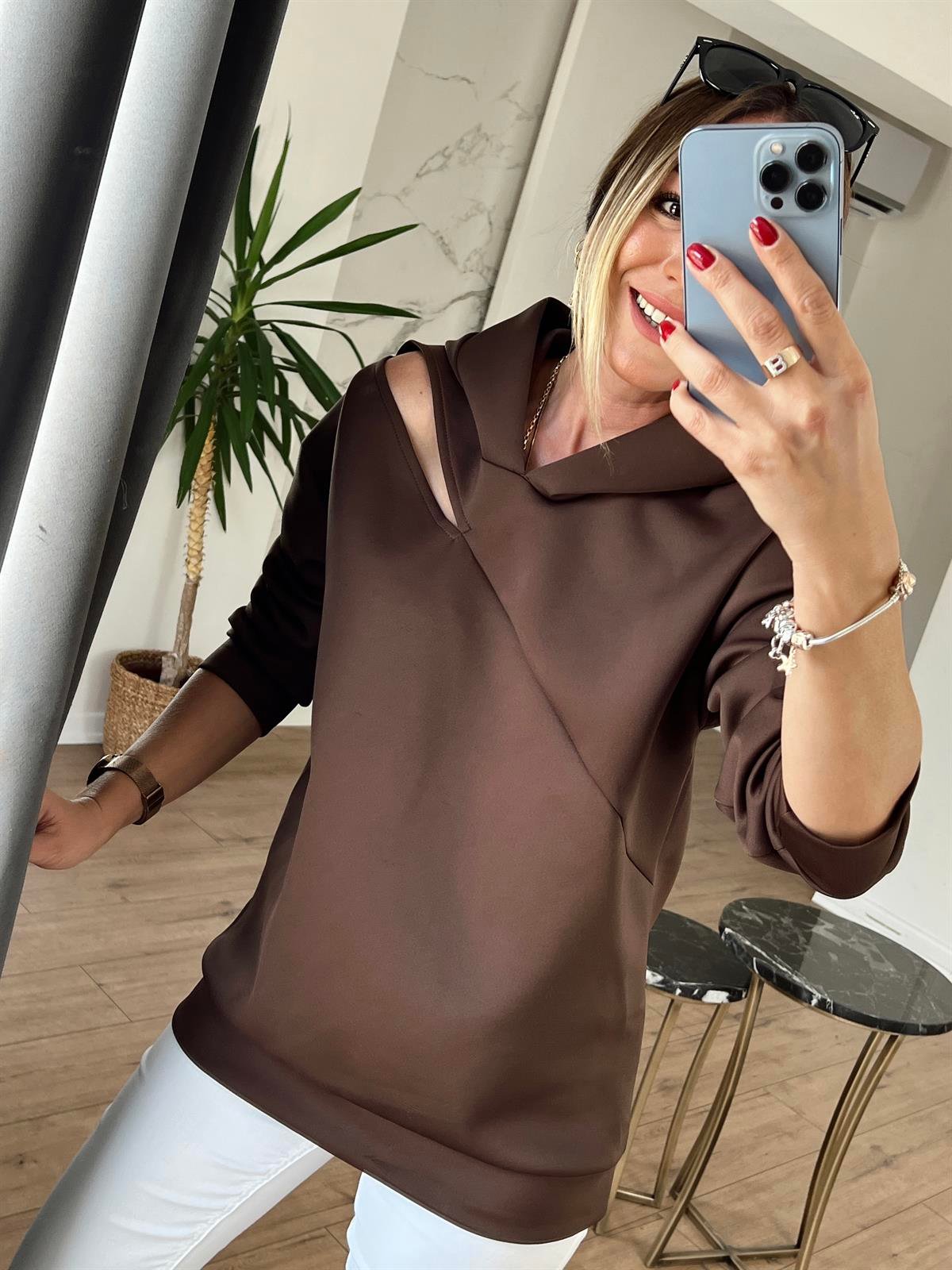 PENCERE DETAYLI SCUBA KUMAŞ SWEAT KAHVE