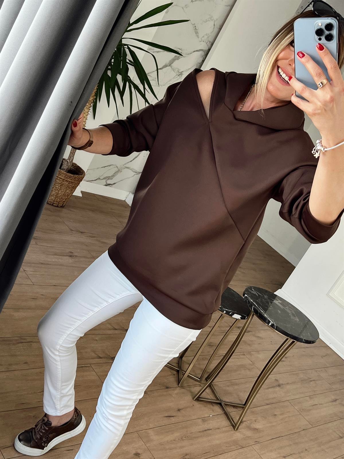 PENCERE DETAYLI SCUBA KUMAŞ SWEAT KAHVE