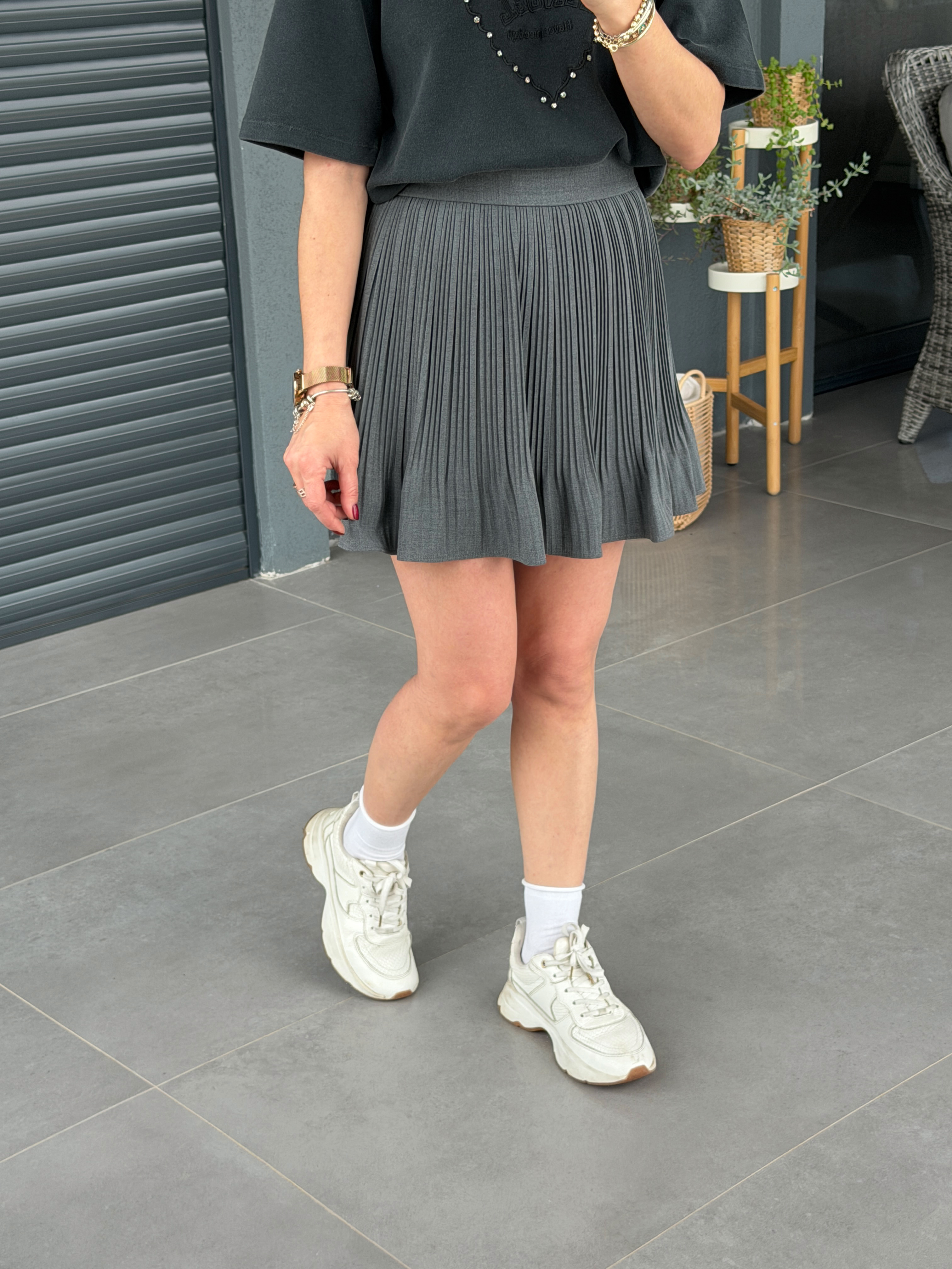 Pileli Beli Lastikli Şort Etek GRİ