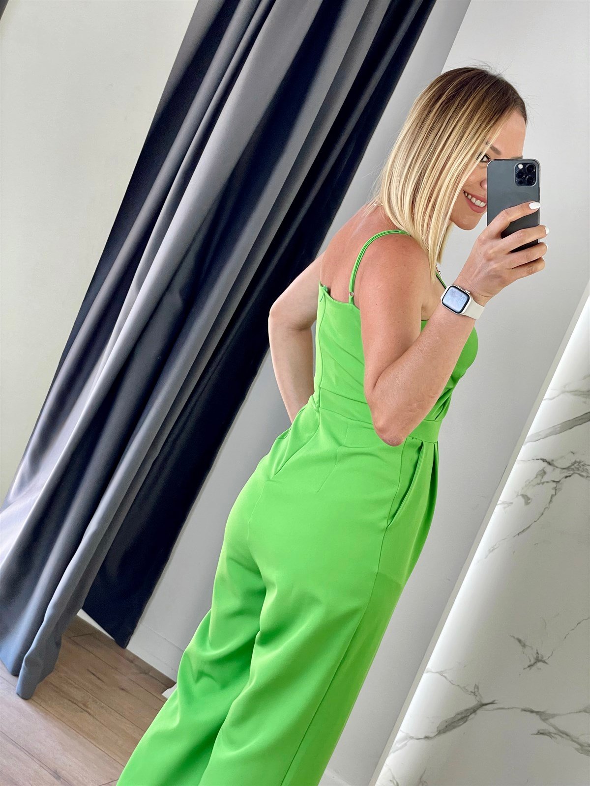 Pileli İp Askılı Tulum Yeşil