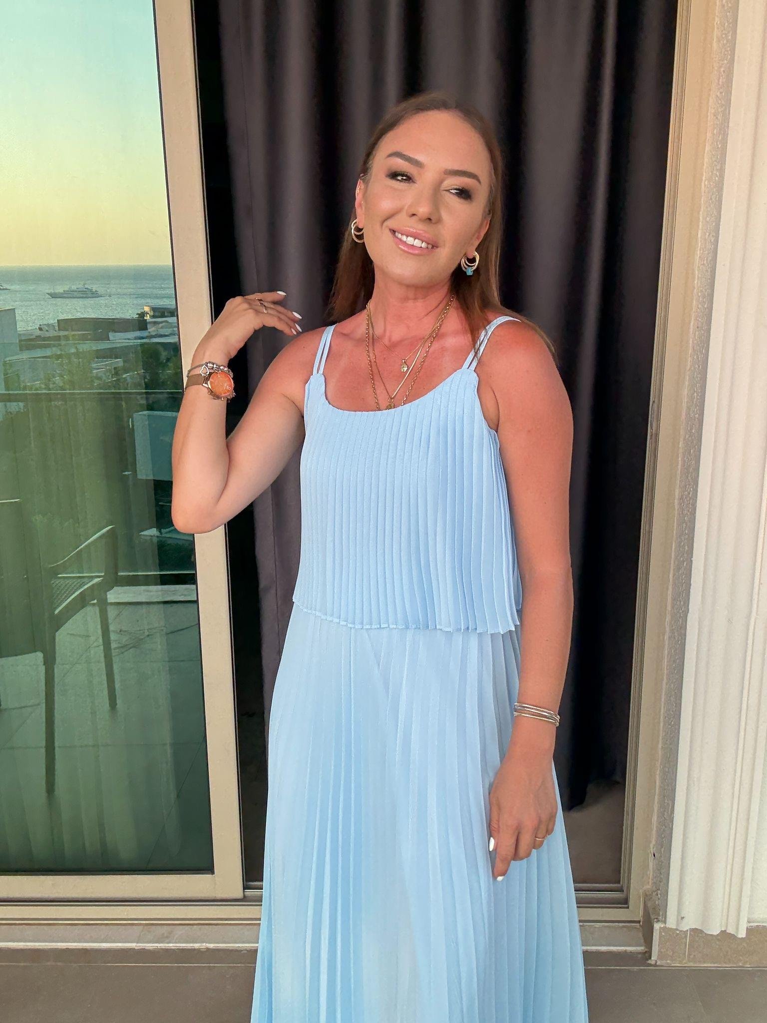 Piliseli Şifon Elbise AÇIK MAVİ