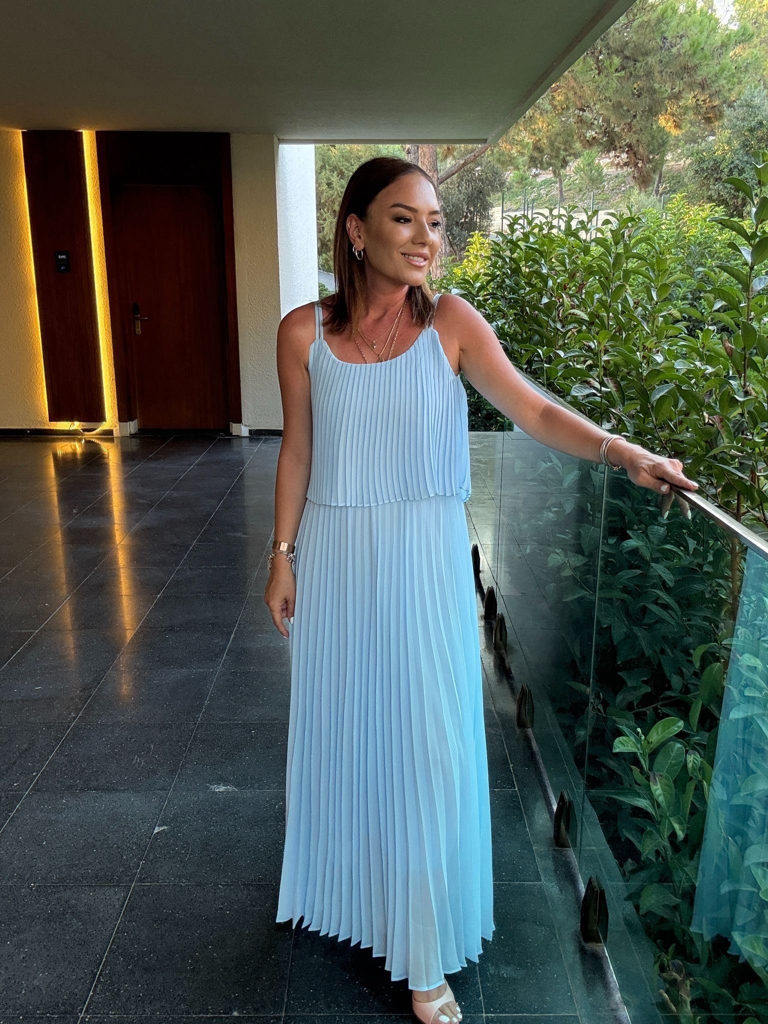 Piliseli Şifon Elbise AÇIK MAVİ