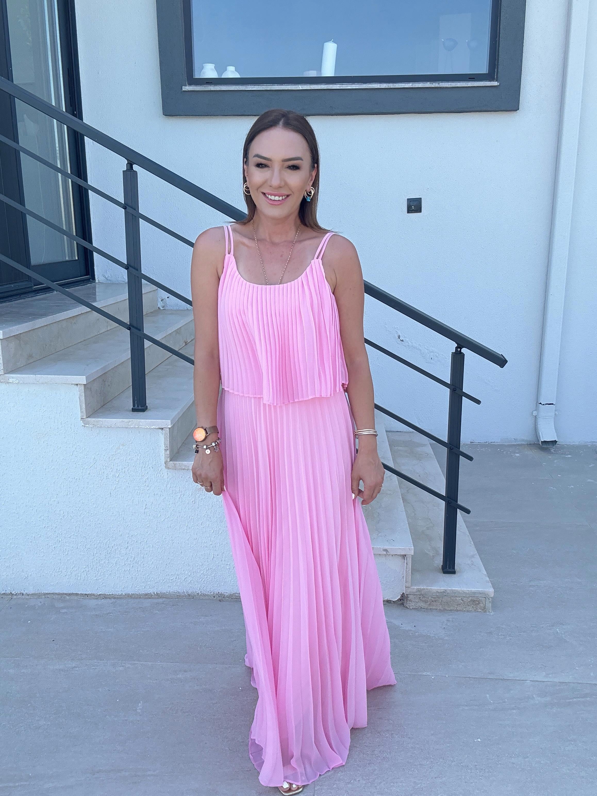 Piliseli Şifon Elbise PEMBE