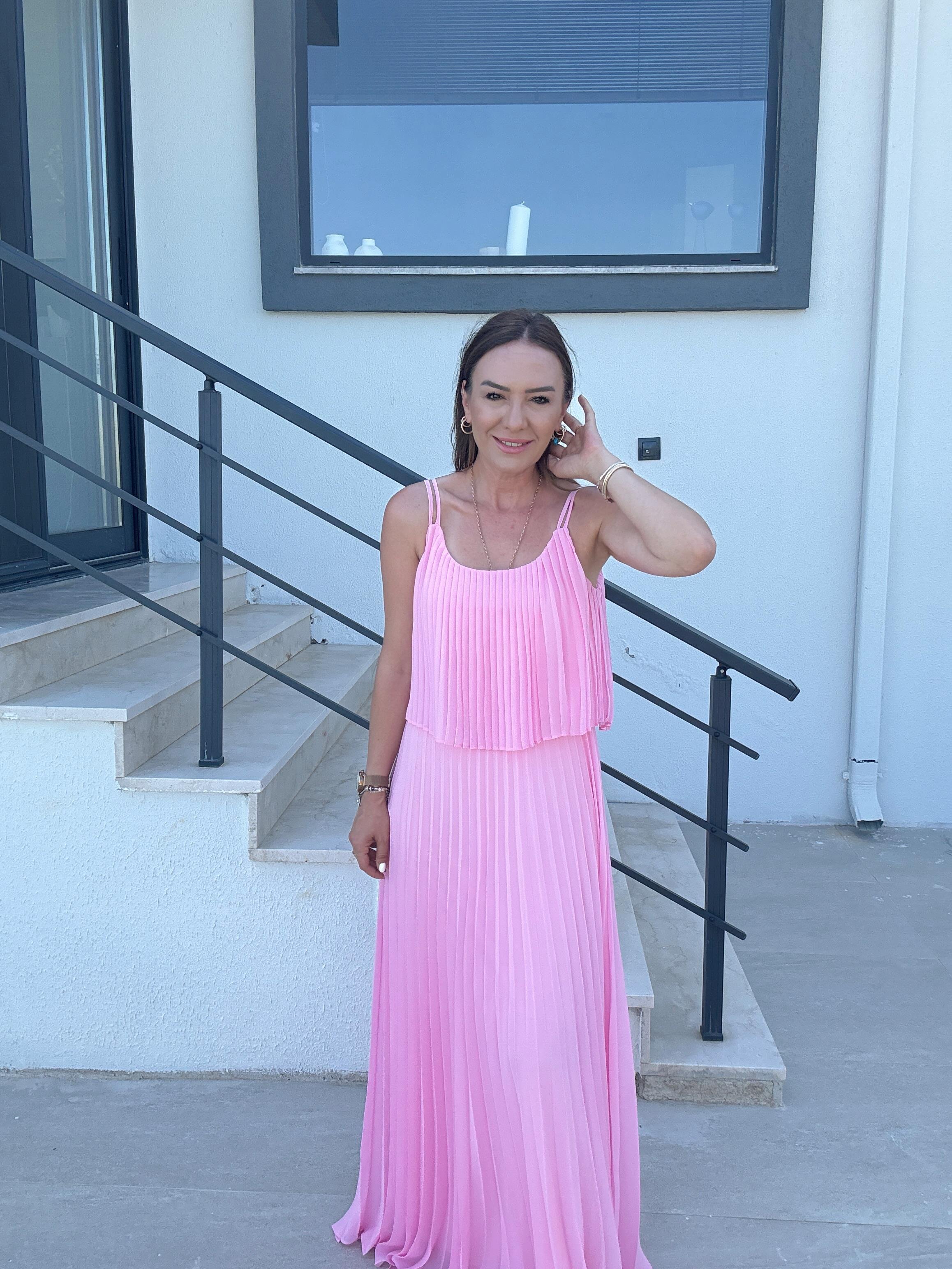 Piliseli Şifon Elbise PEMBE
