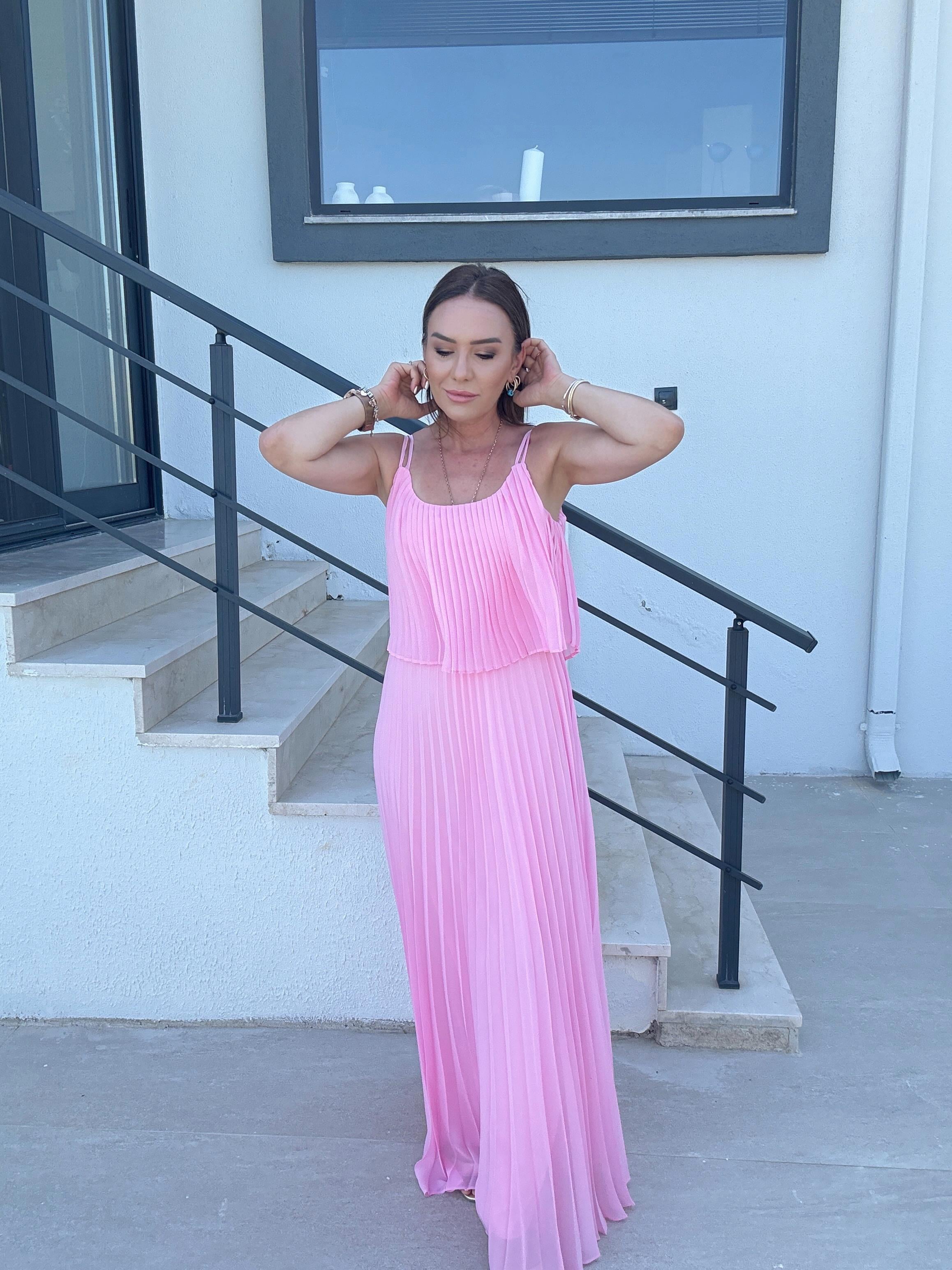 Piliseli Şifon Elbise PEMBE