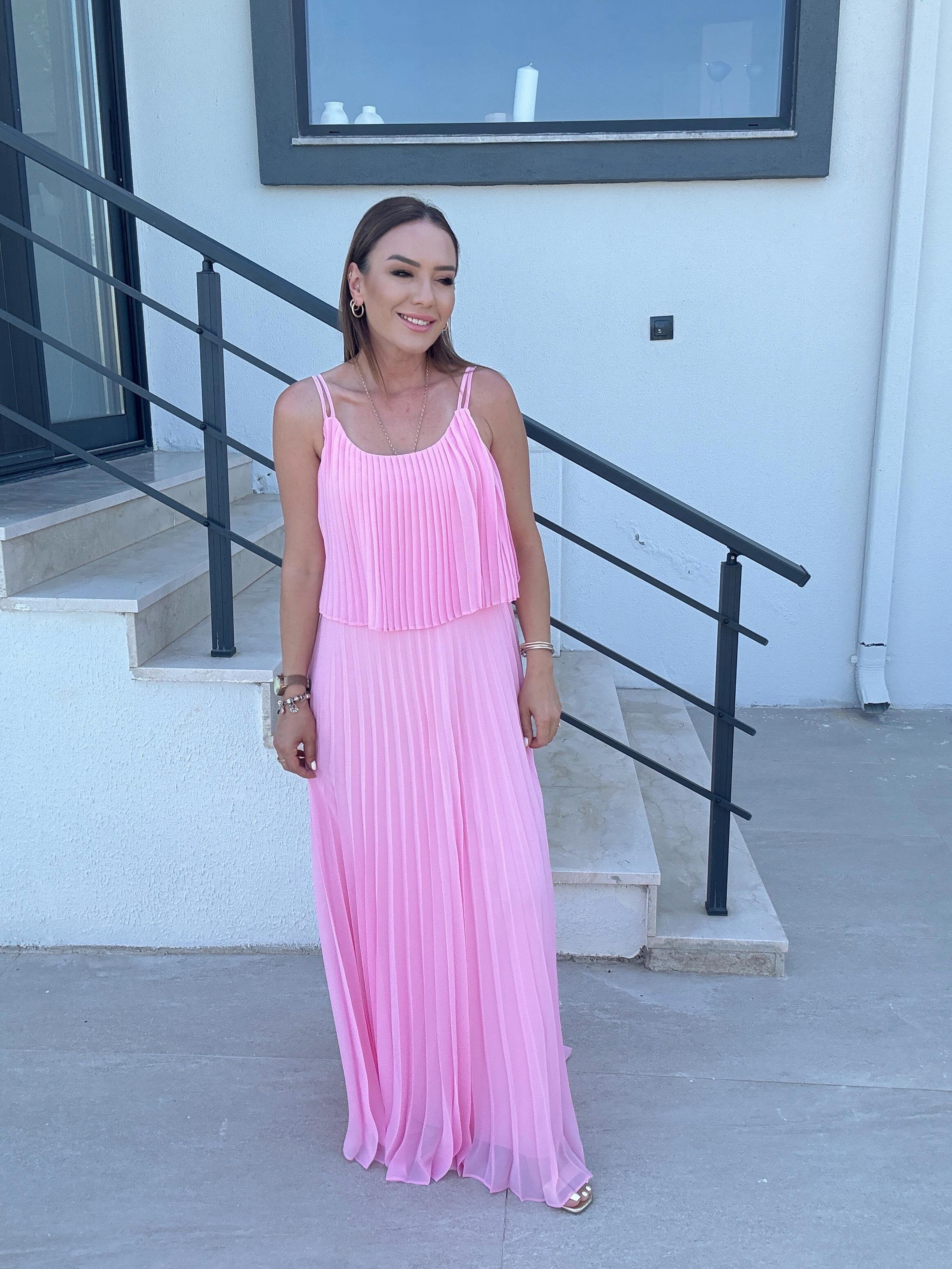 Piliseli Şifon Elbise PEMBE