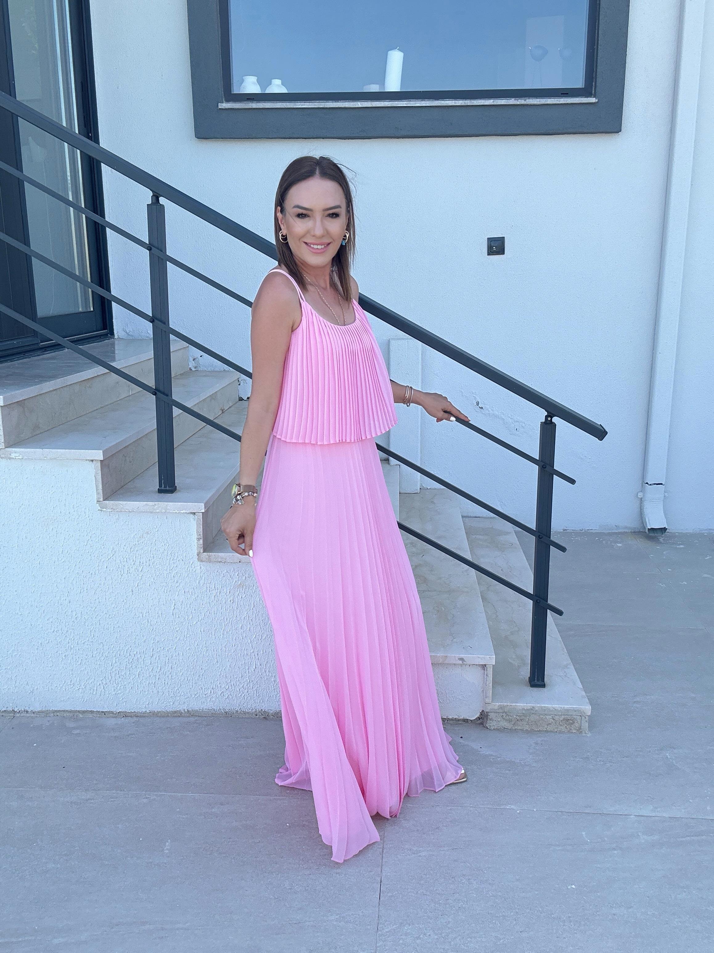 Piliseli Şifon Elbise PEMBE