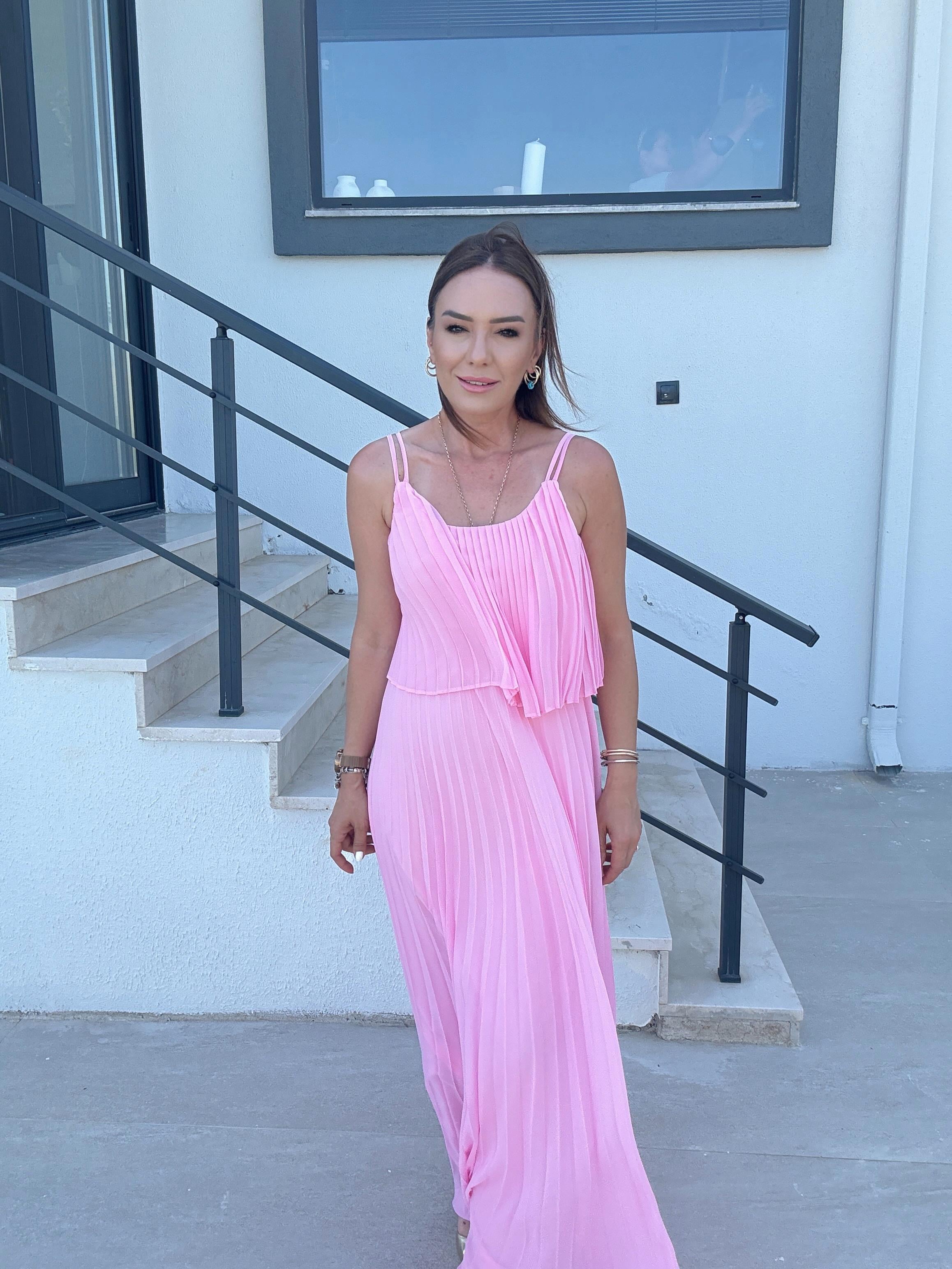 Piliseli Şifon Elbise PEMBE