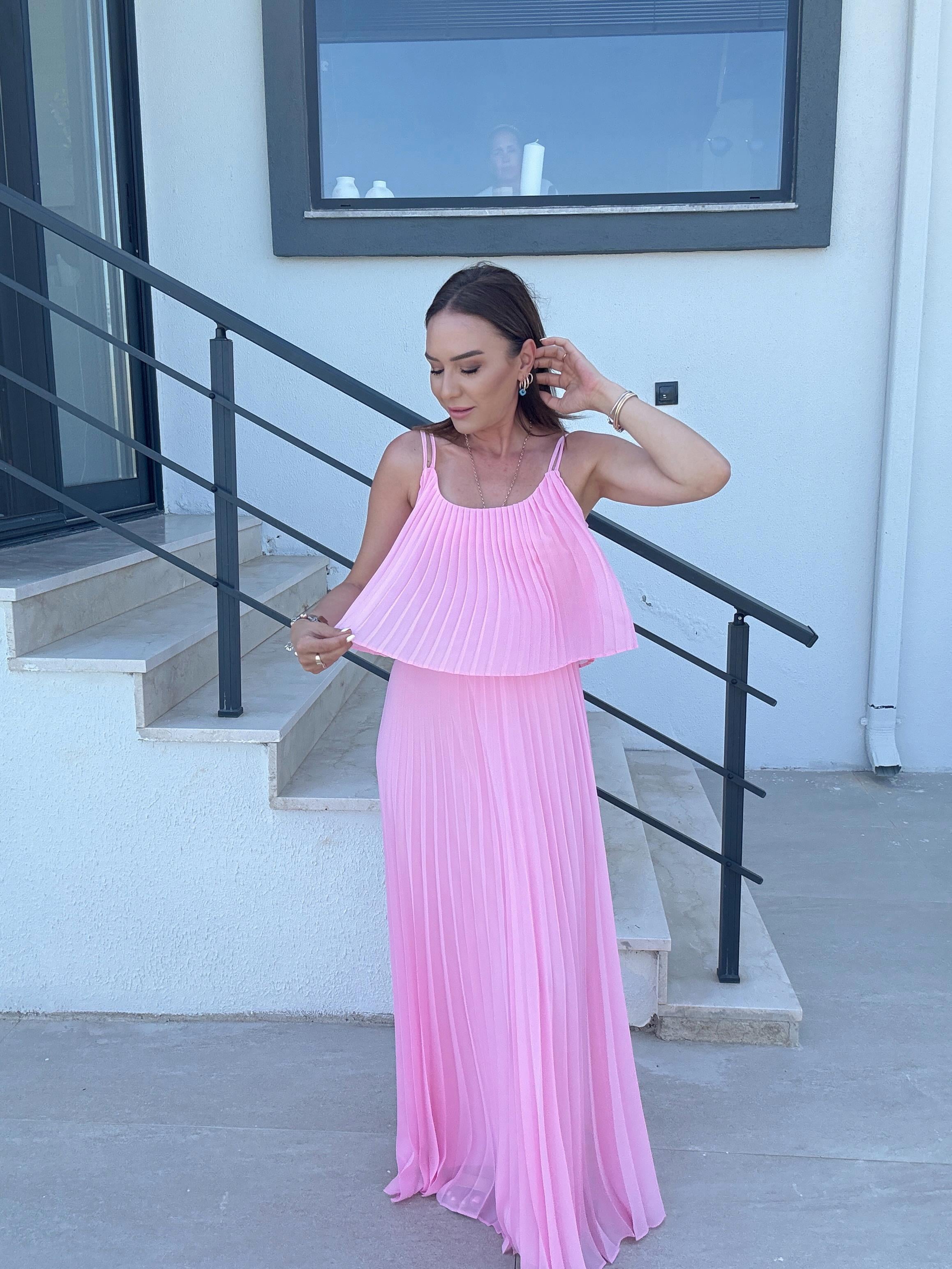 Piliseli Şifon Elbise PEMBE