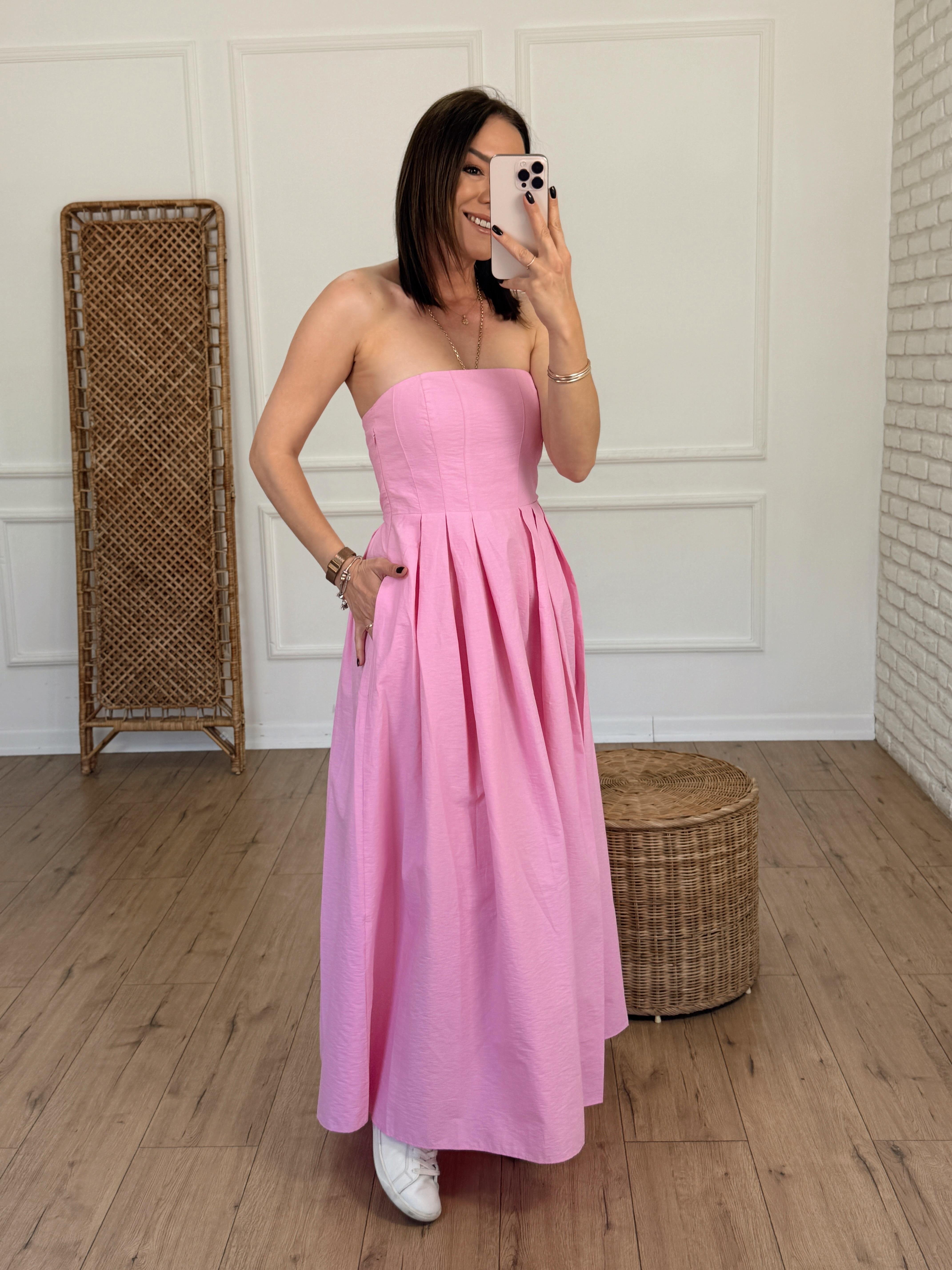 Piliseli Sırtı Lastikli Straplez Midi Elbise PEMBE