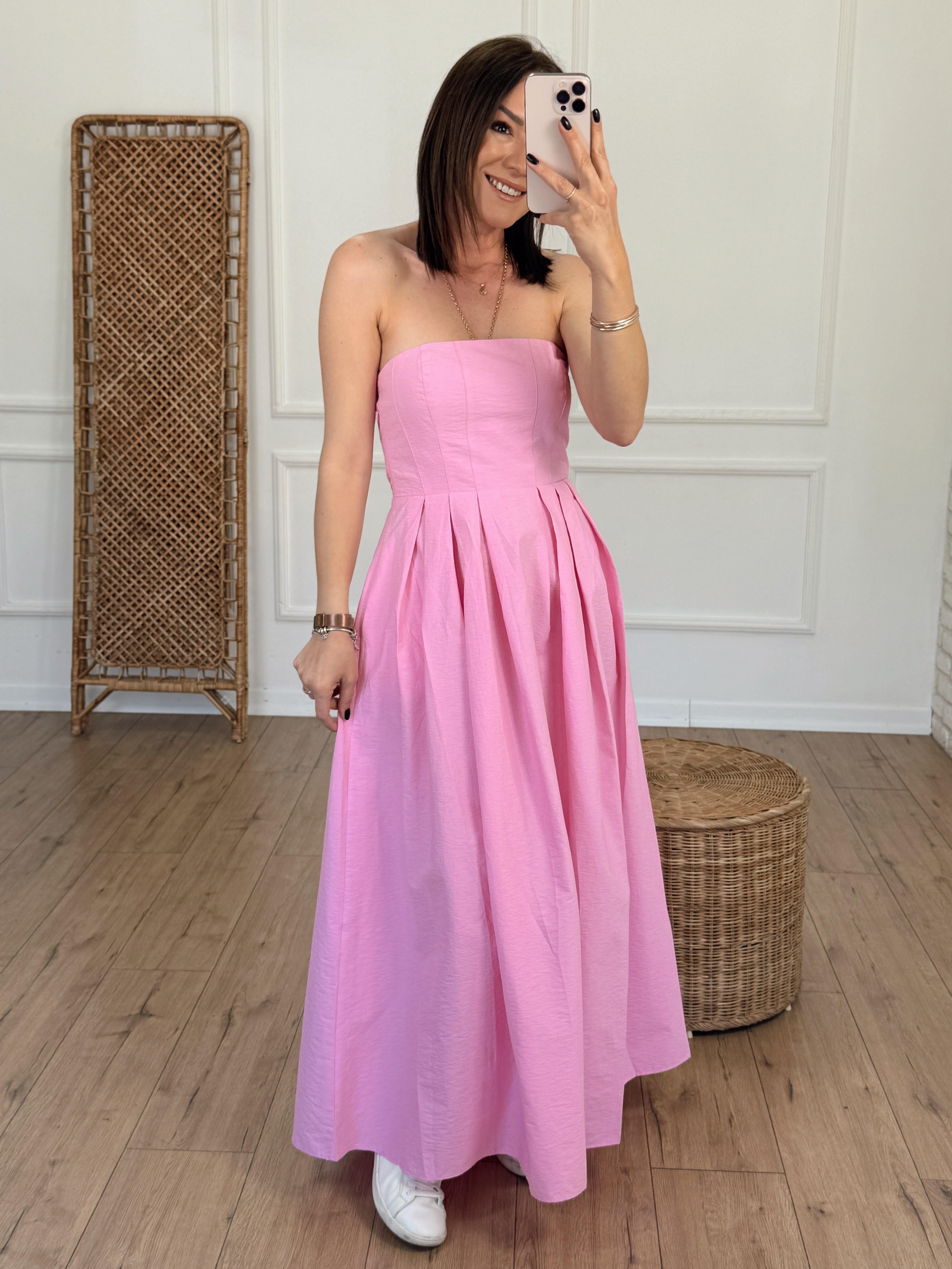 Piliseli Sırtı Lastikli Straplez Midi Elbise PEMBE