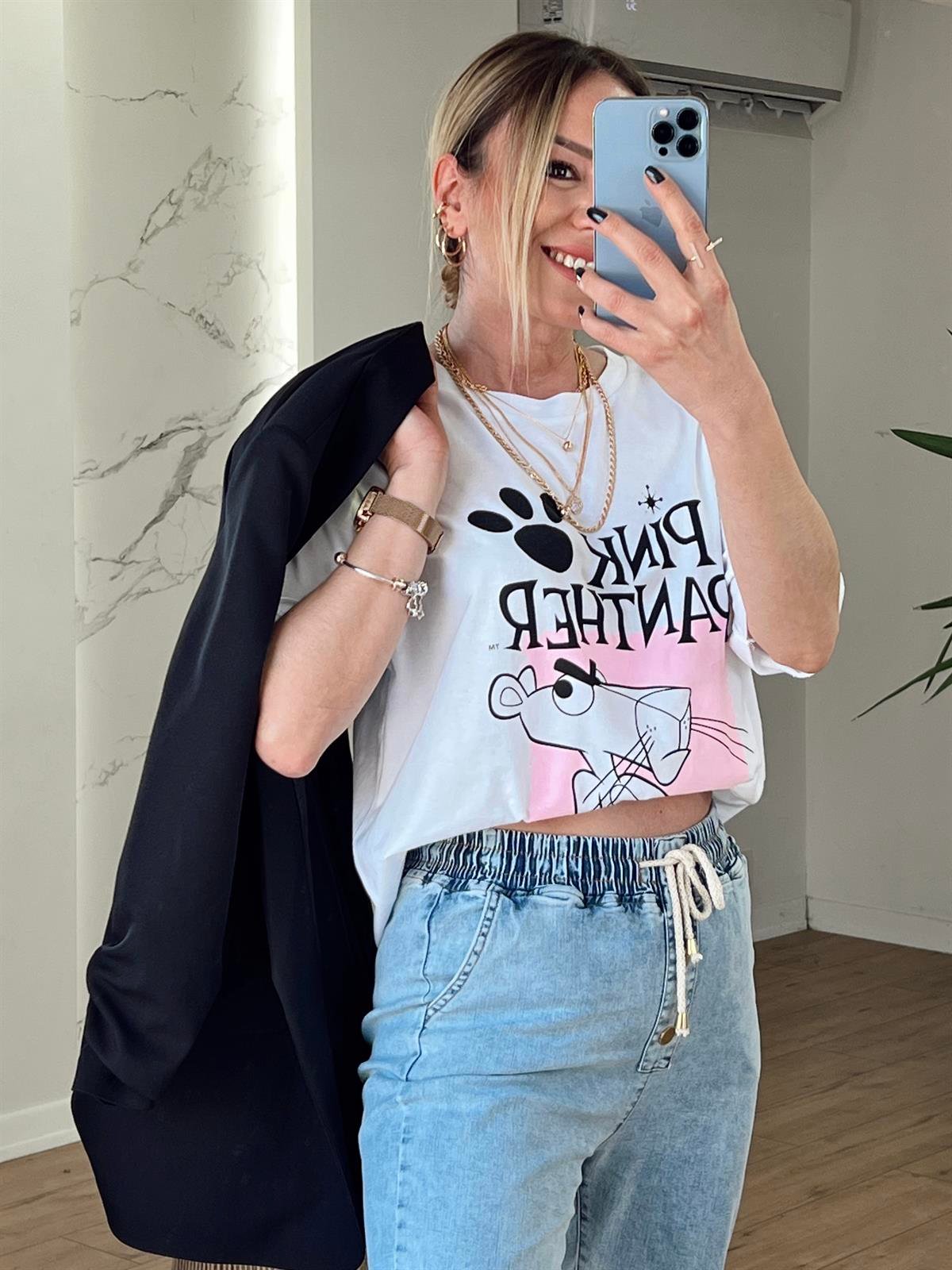 PİNK PANTHER BASKILI TSHİRT BEYAZ