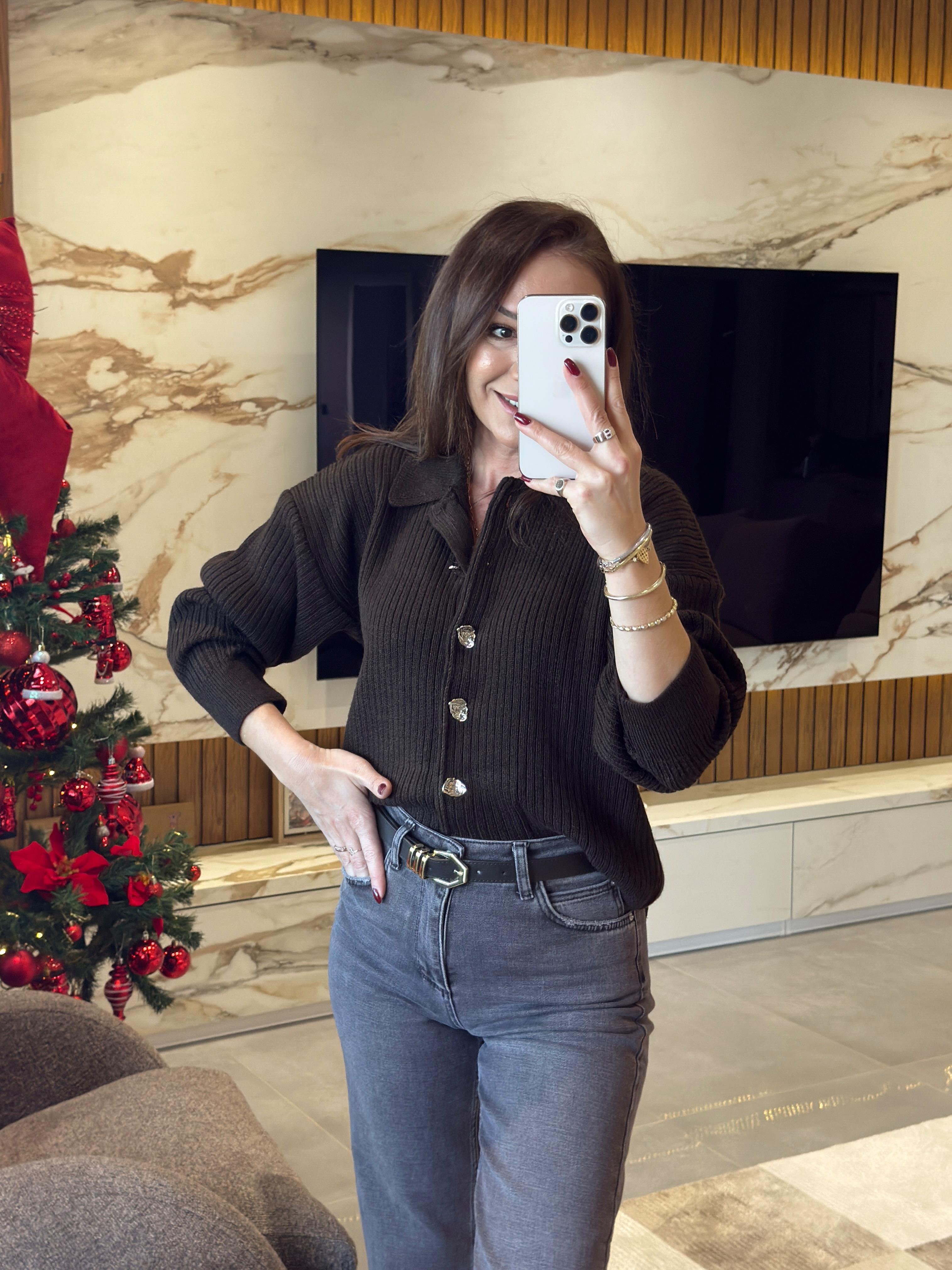 Plaka Düğme Detaylı Hırka KOYU KAHVE