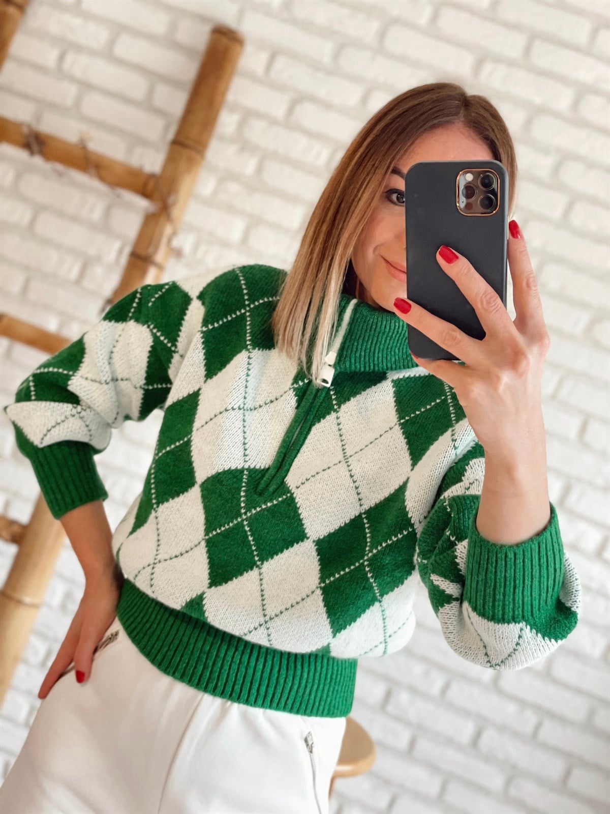 Polo Yaka Baklava Desen Kazak Yeşil