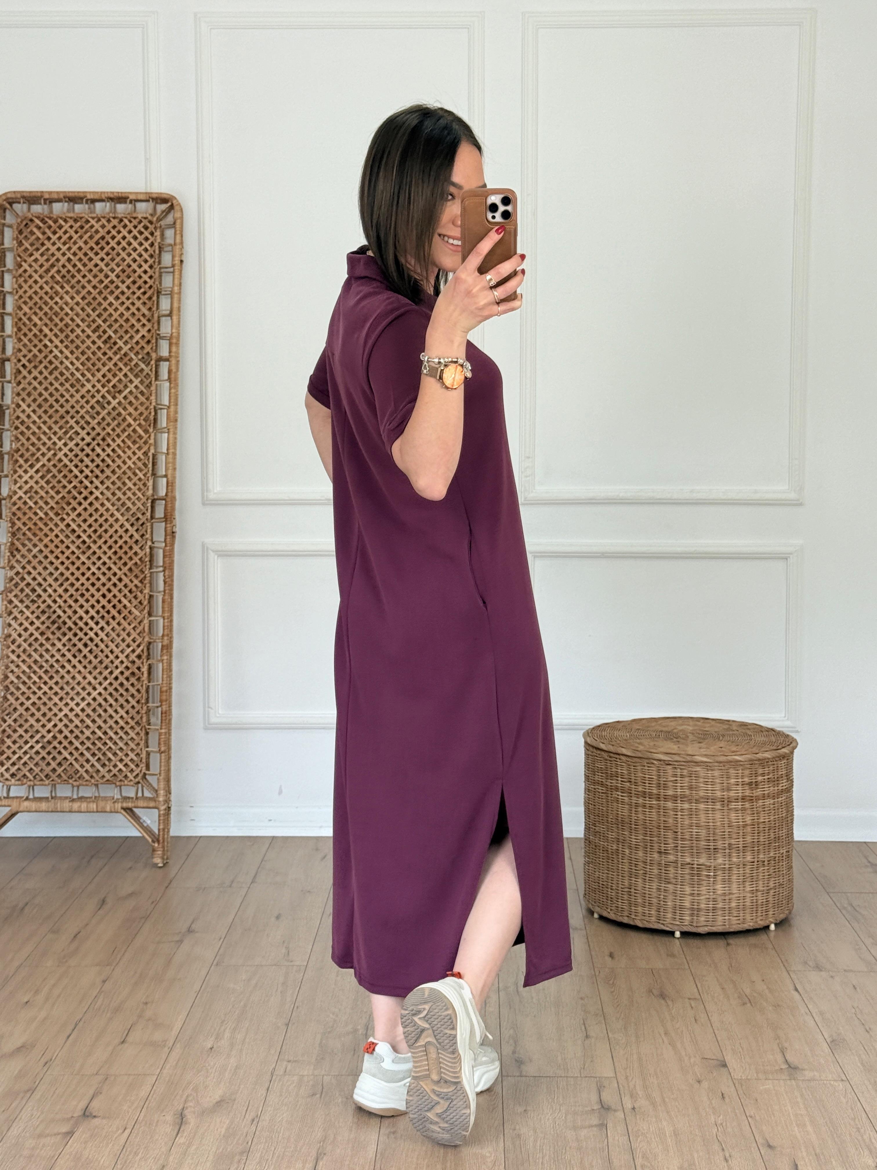 Polo Yaka Cep Detaylı Modal Elbise BORDO