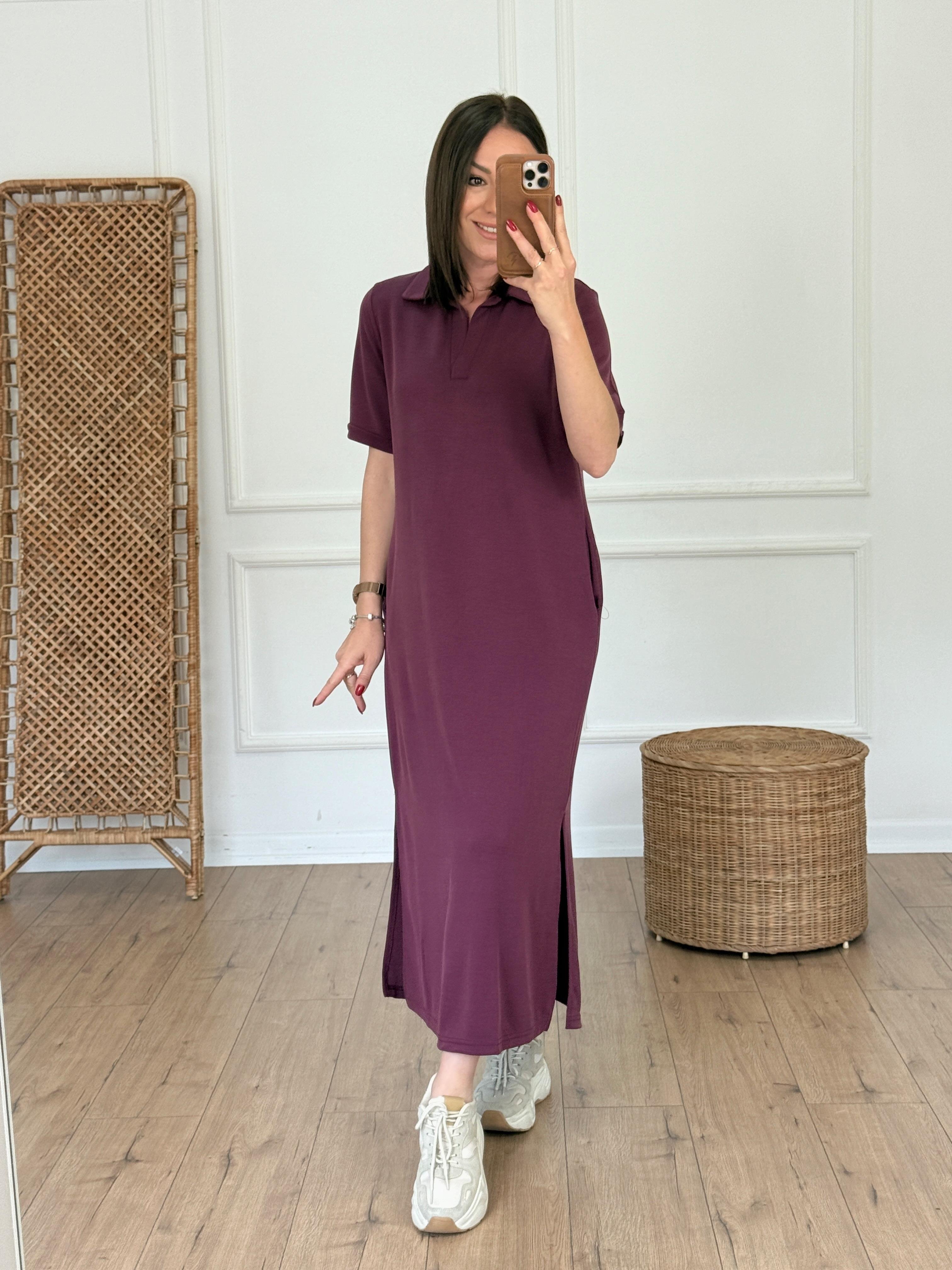 Polo Yaka Cep Detaylı Modal Elbise BORDO