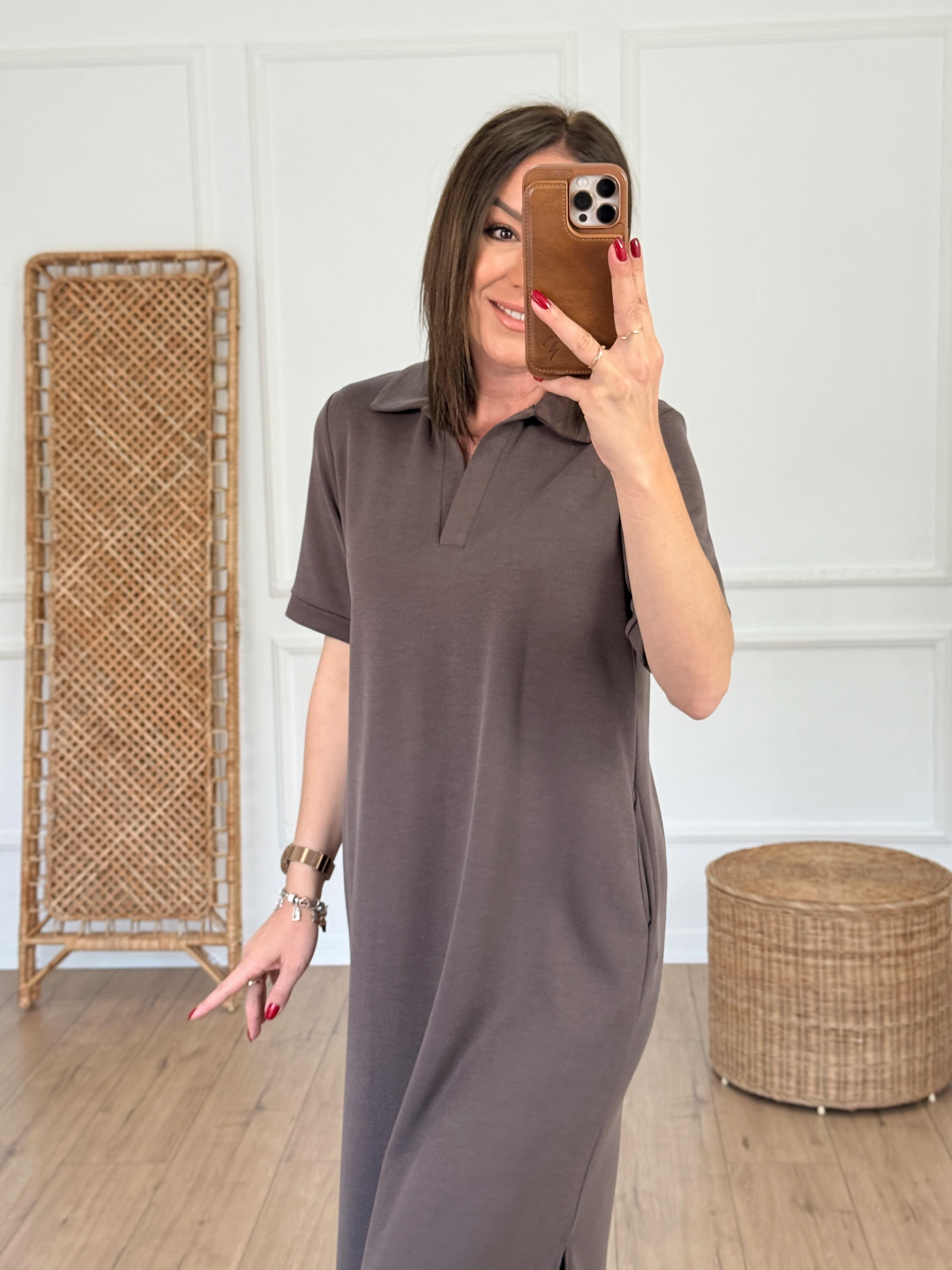 Polo Yaka Cep Detaylı Modal Elbise KAHVE