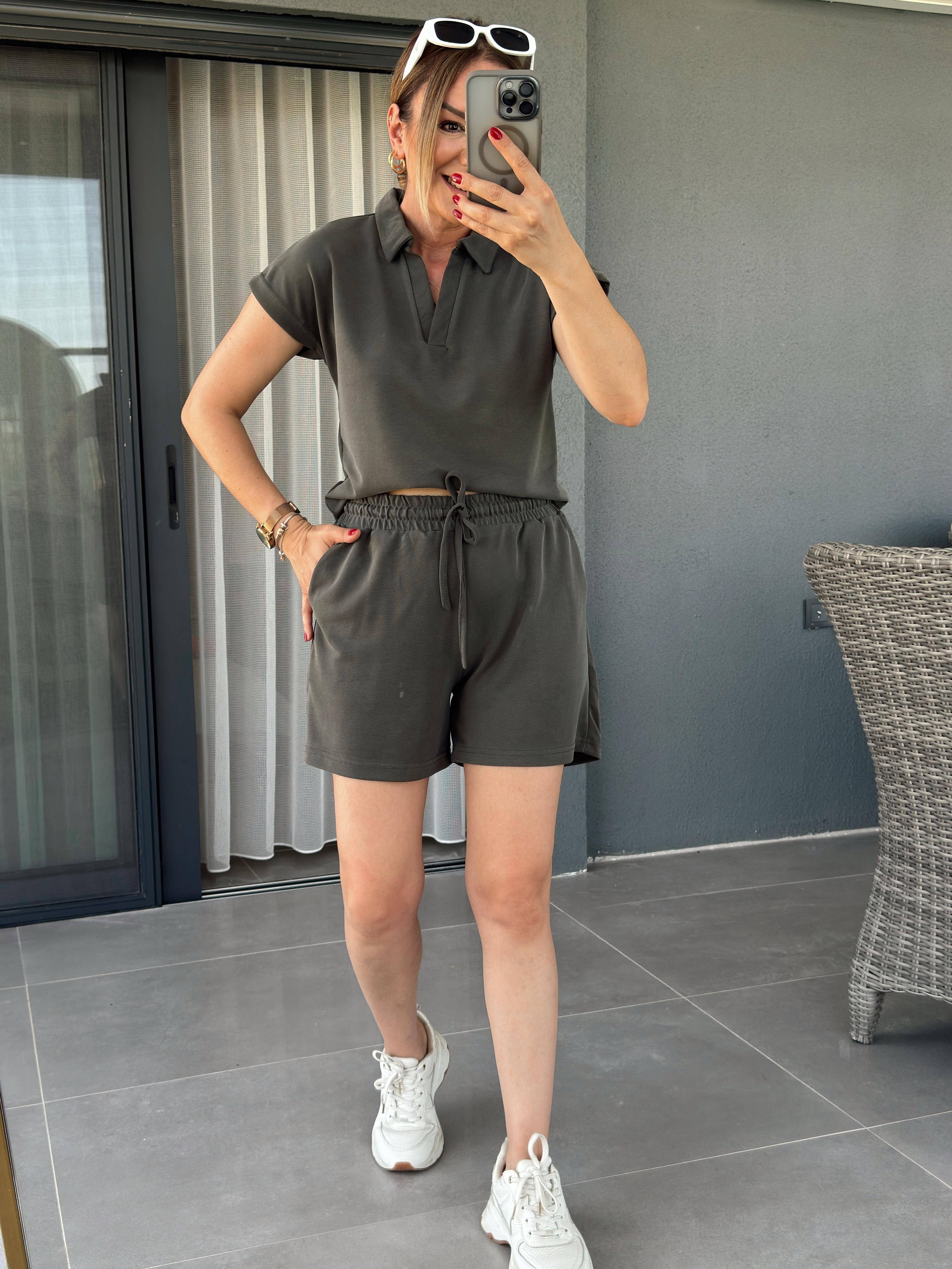 Polo Yaka İkili Şort Modal Takım HAKİ