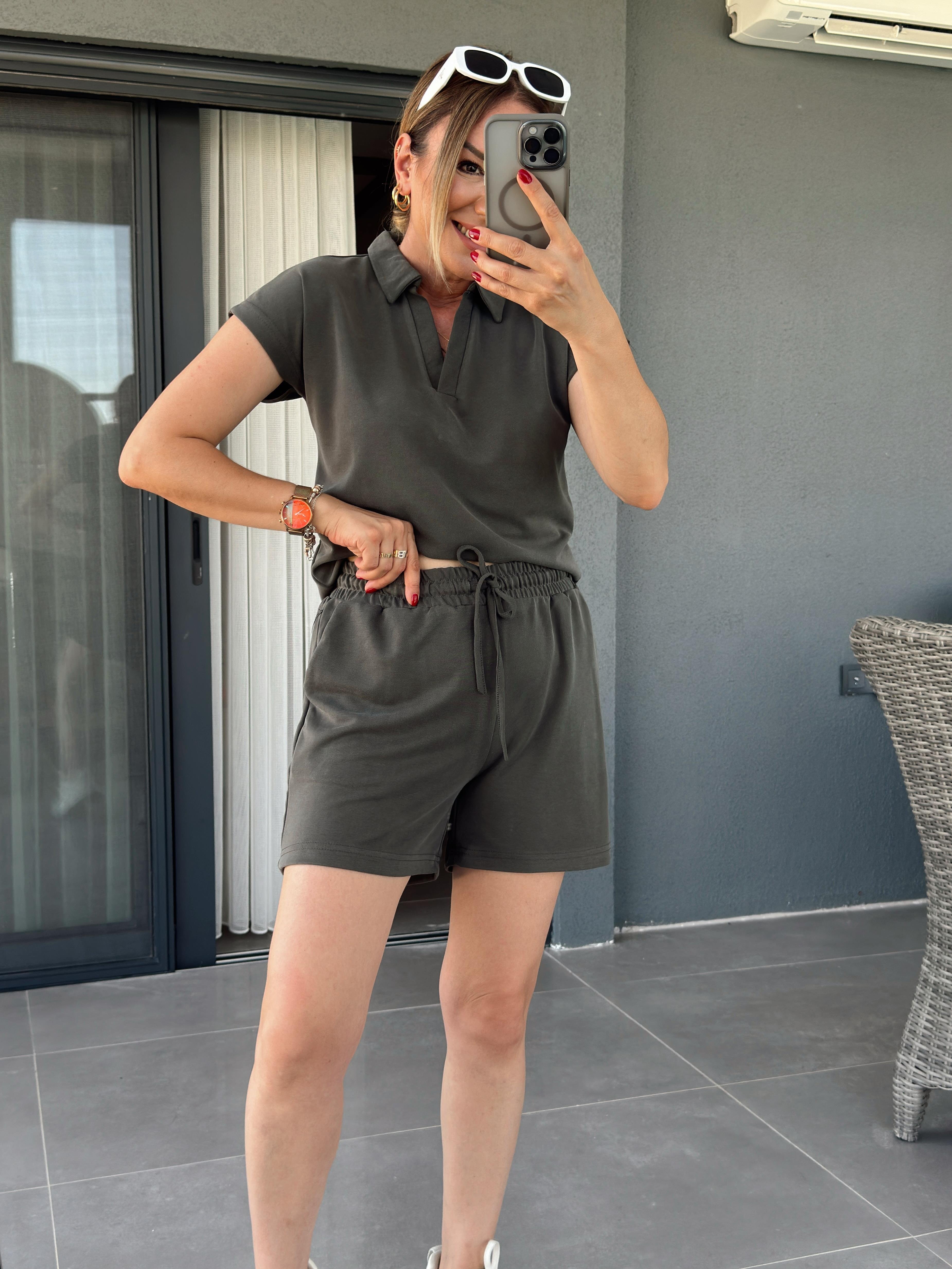 Polo Yaka İkili Şort Modal Takım HAKİ