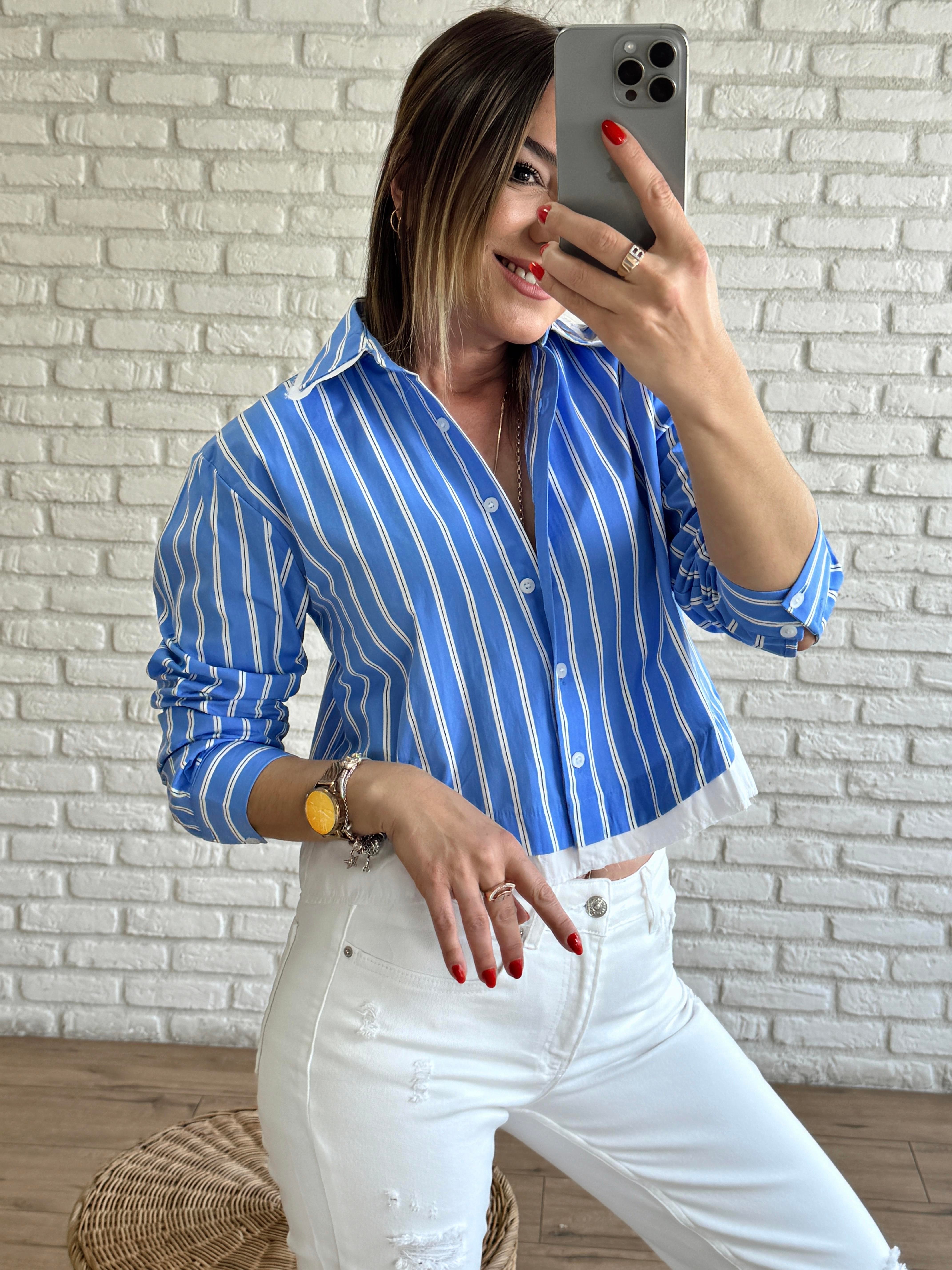 Poplin Garnili Çizgili Gömlek MAVİ