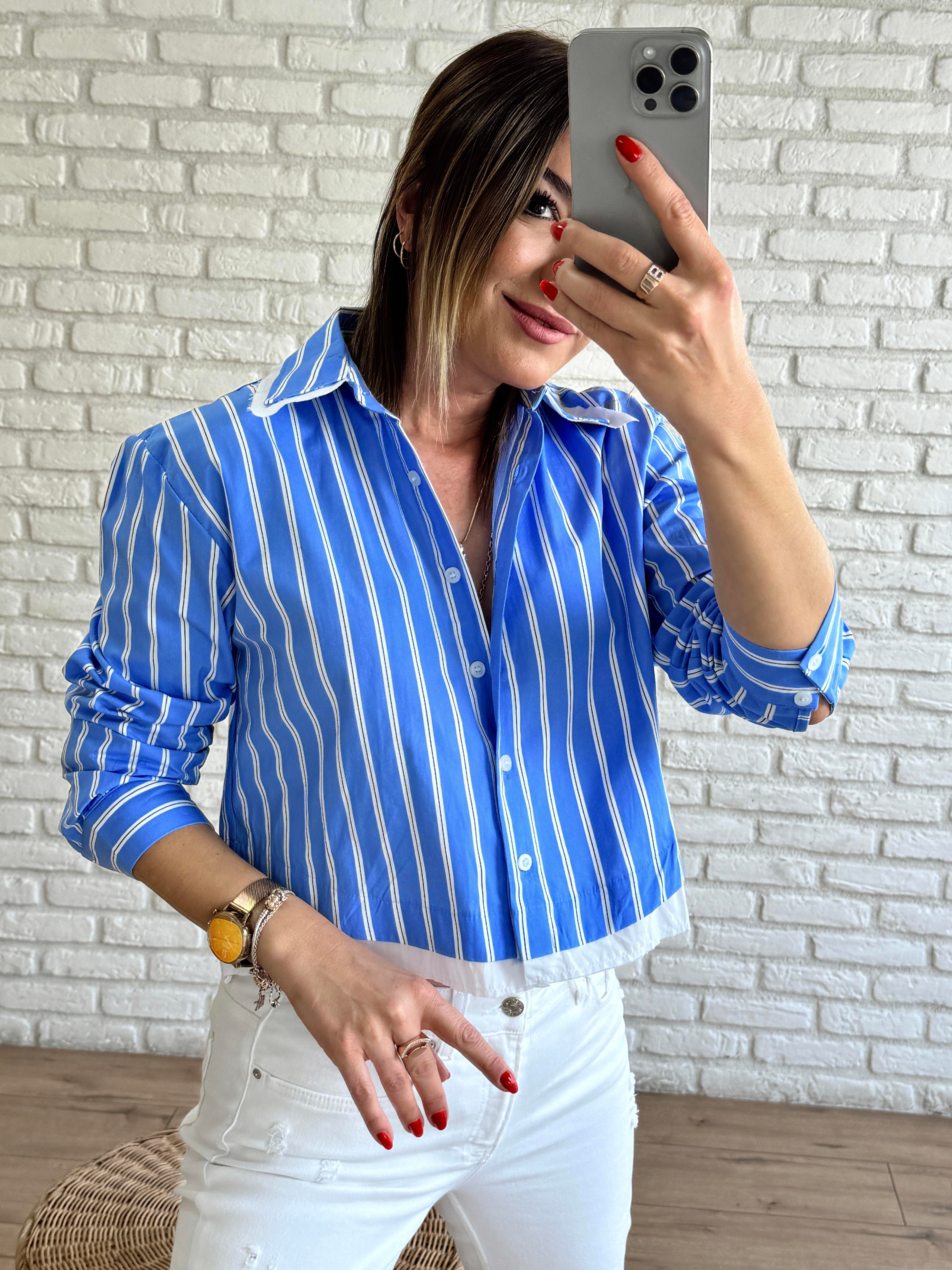 Poplin Garnili Çizgili Gömlek MAVİ