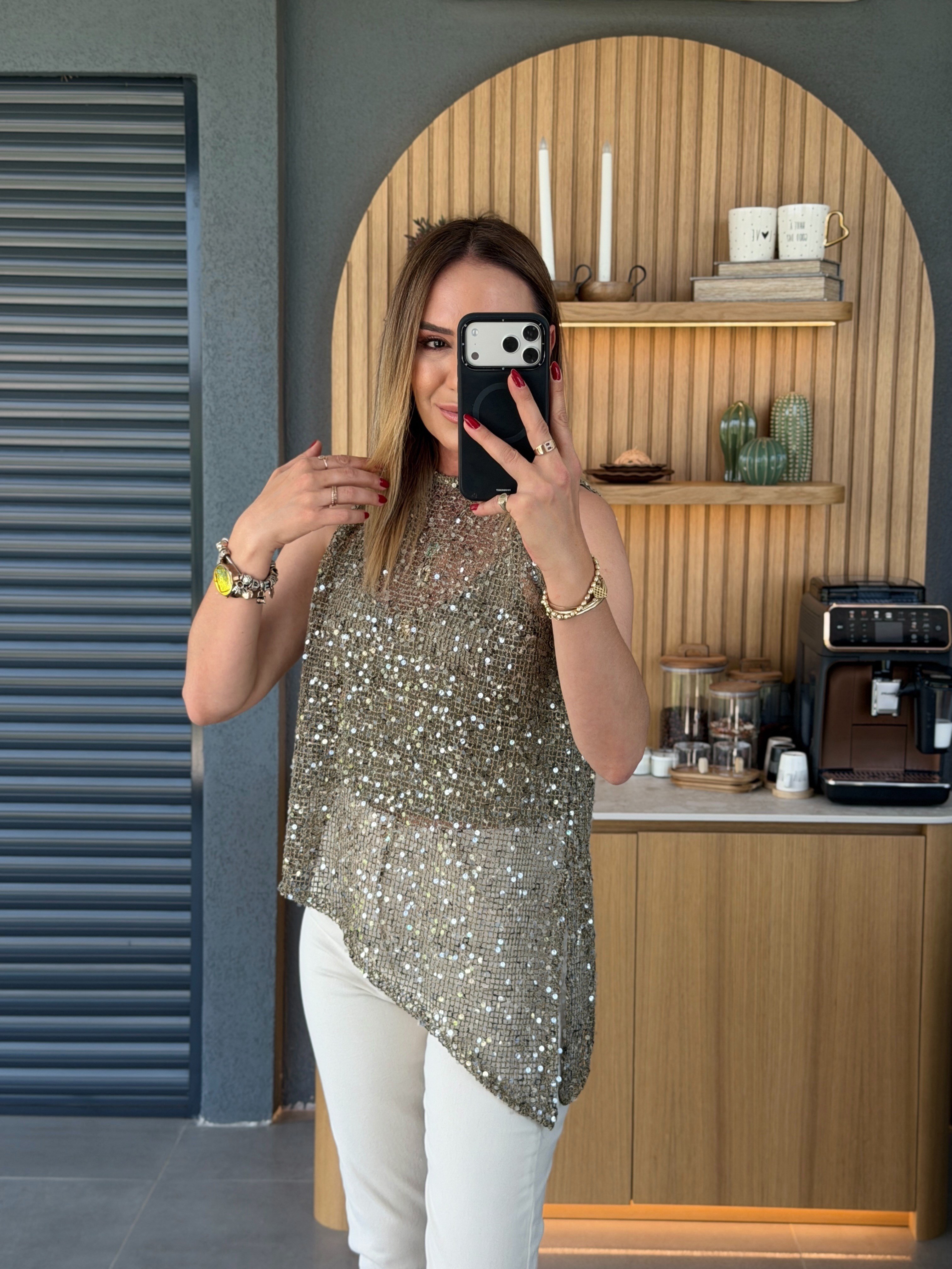 Pullu Asimetrik Kolsuz  Bluz HAKİ
