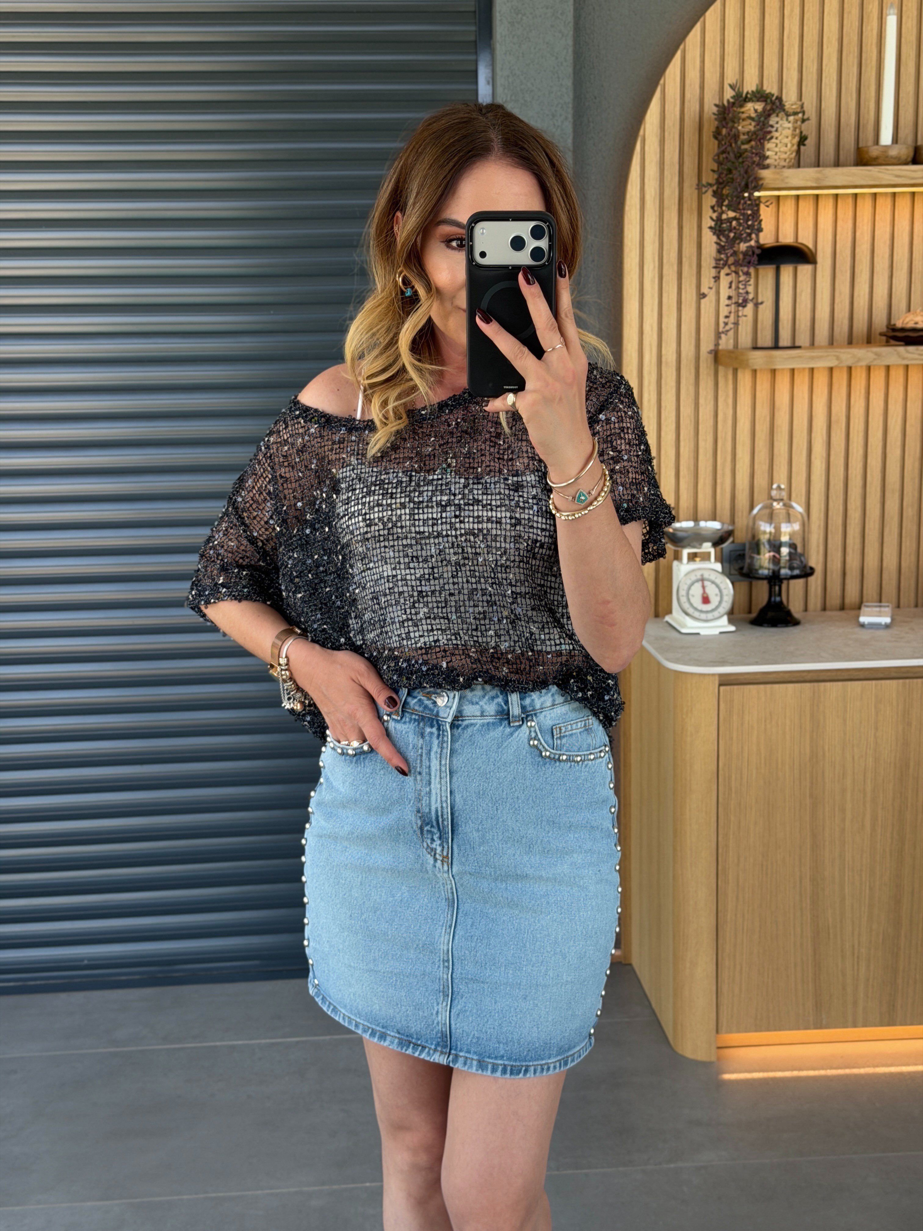 Pullu Payetli Bluz LACİVERT