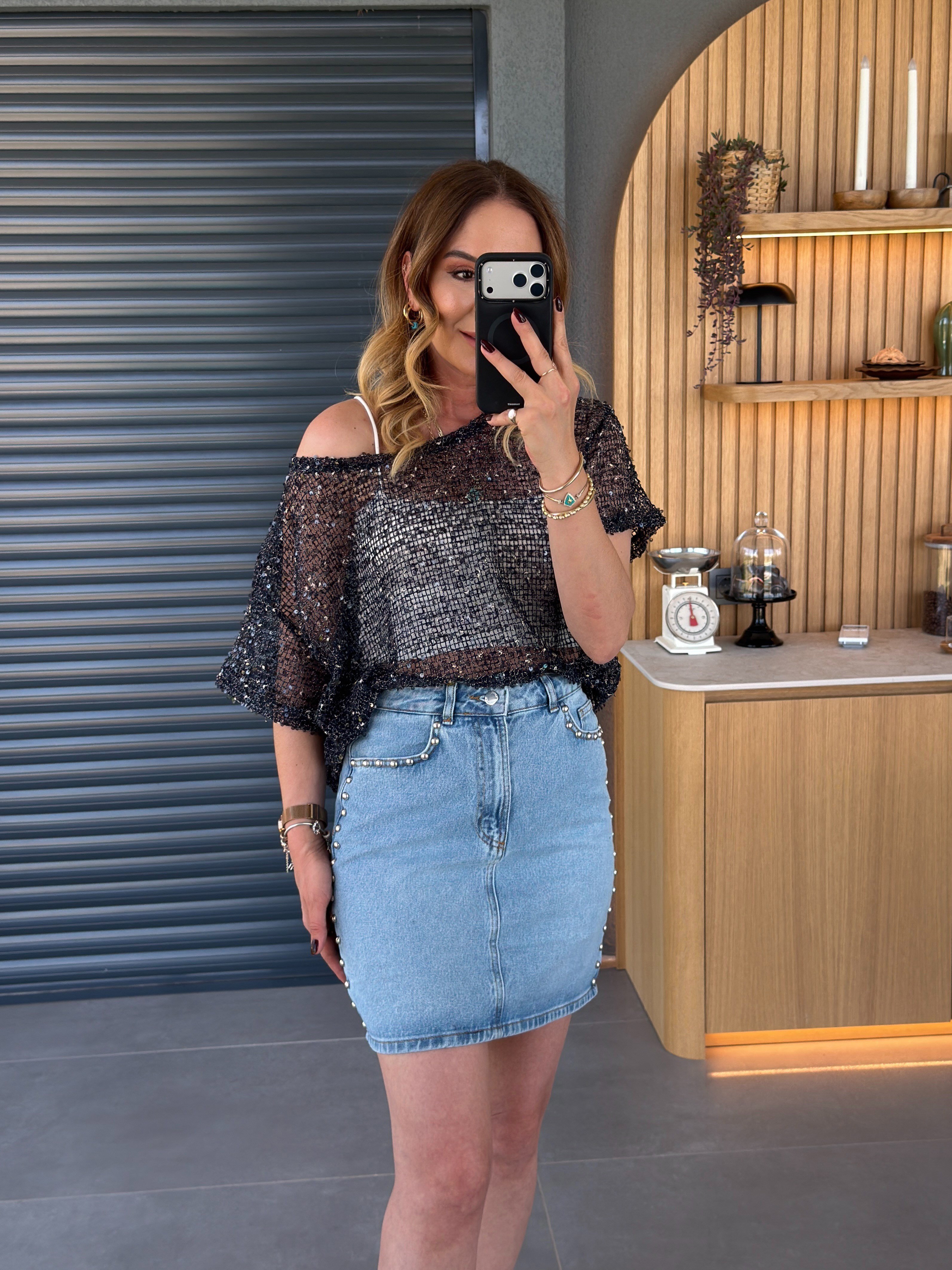 Pullu Payetli Bluz LACİVERT