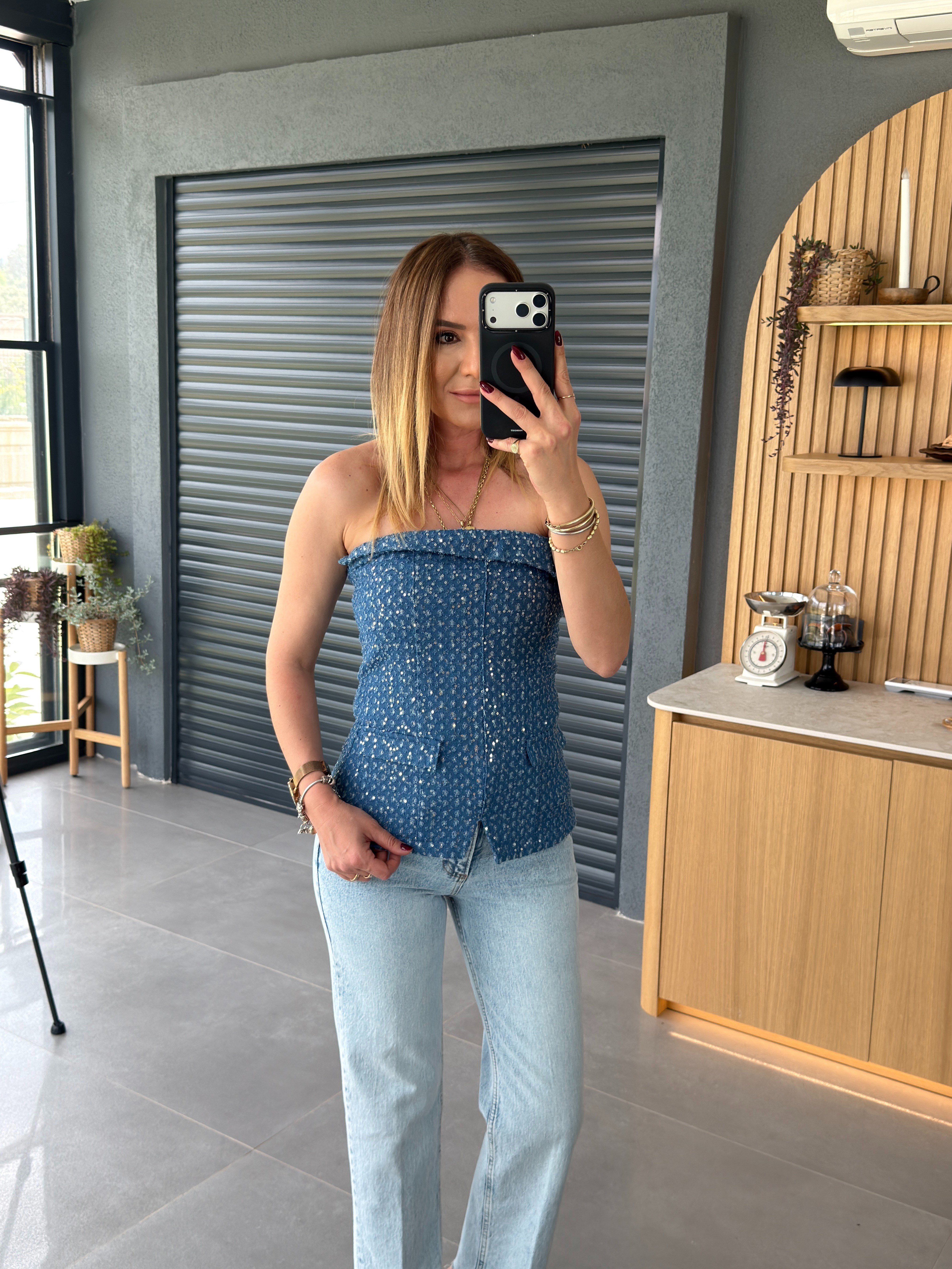 Pullu Straplez Bluz İNDİGO